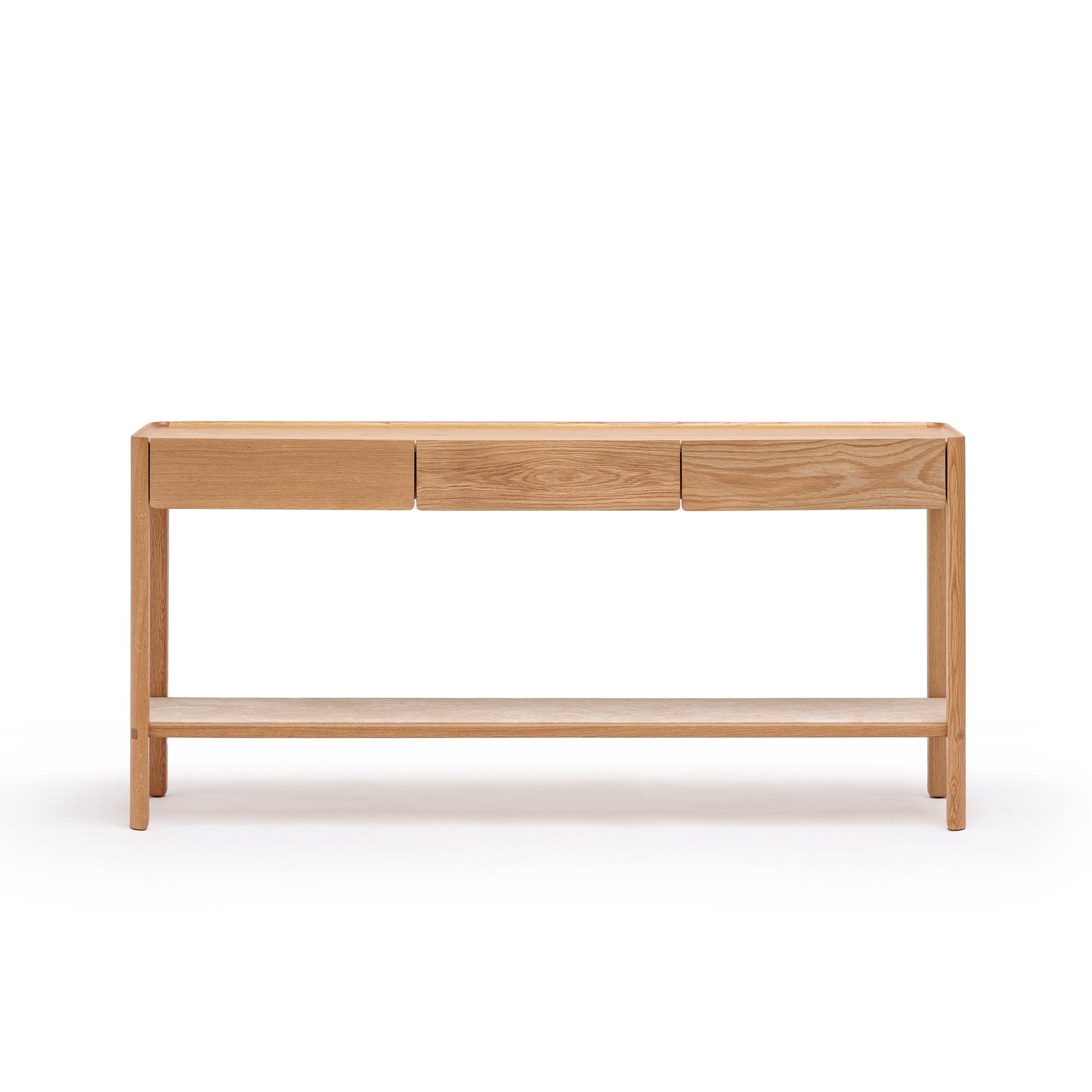 The Nell Console by Wooden Stories features a minimalist Scandinavian design in light oak with stone accents, three drawers, and a lower shelf, photographed against a white background.