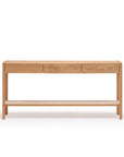 The Nell Console by Wooden Stories features a minimalist Scandinavian design in light oak with stone accents, three drawers, and a lower shelf, photographed against a white background.