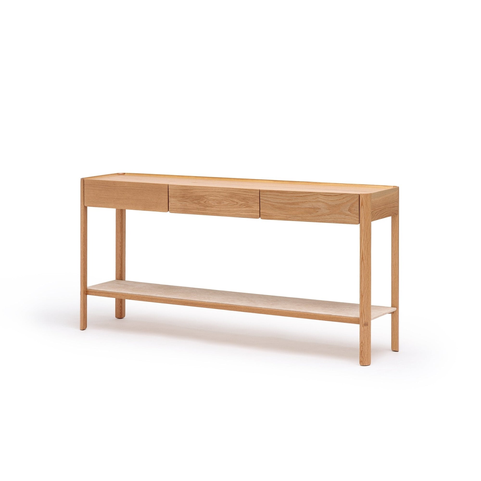 The Wooden Stories Nell Console in Light Oak with Stone features three soft-close drawers, a lower open shelf, and a minimalist Scandinavian design with a natural finish, shown against a plain white background.