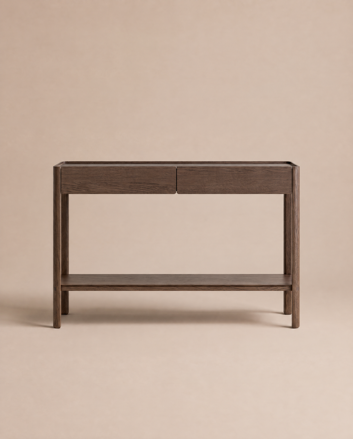 The Nell Console in Espresso Oak by Wooden Stories, crafted from solid oak with two drawers and a lower shelf, stands against a beige background. Its clean lines and minimalist form embody timeless Scandinavian design.