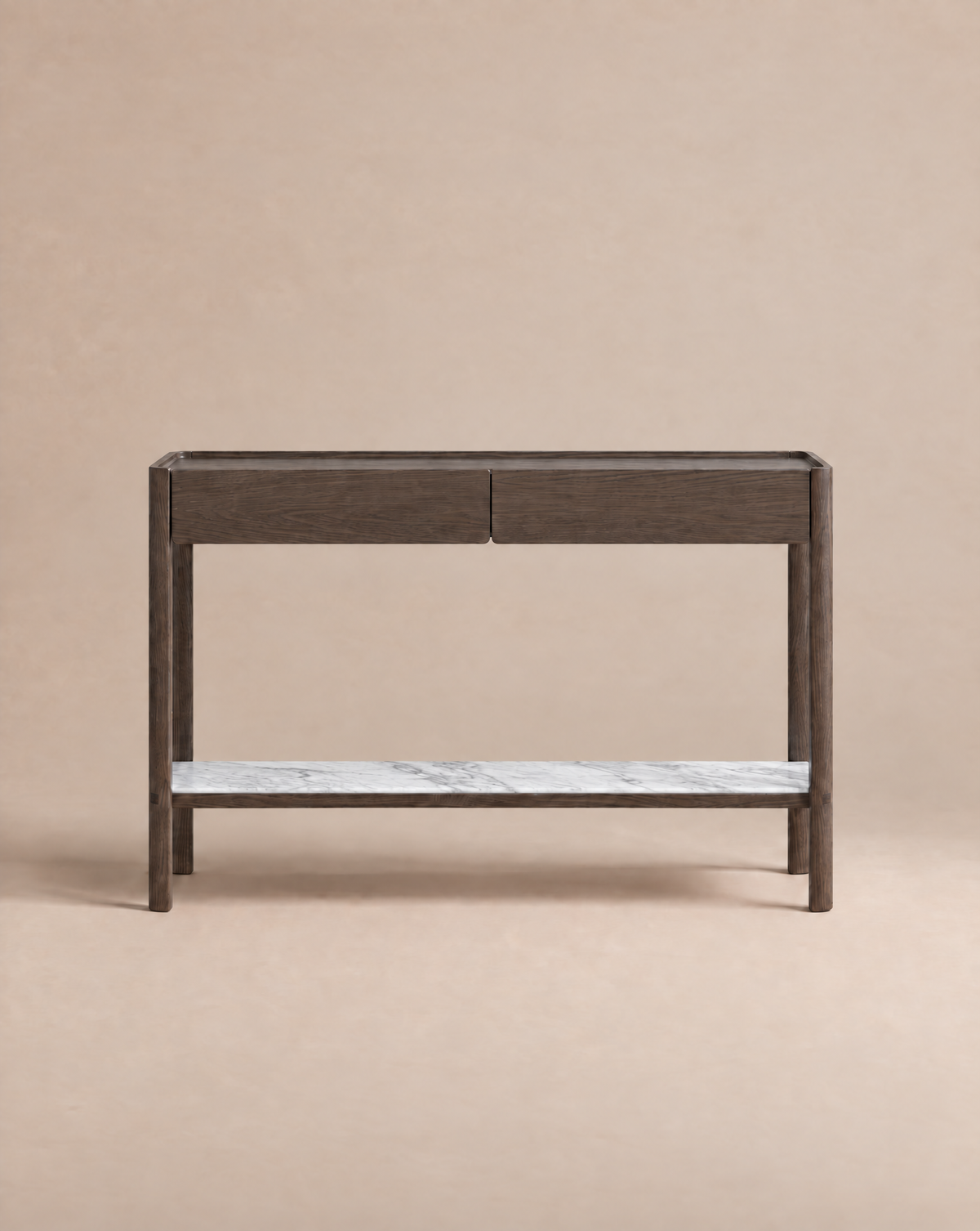 The Nell Console by Wooden Stories showcases Scandinavian-inspired design with its modern silhouette in espresso oak, featuring solid oak construction, two drawers, and a white stone lower shelf, presented against a plain beige background.