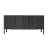The Nell Sideboard | Black Oak by Wooden Stories features a modern Scandinavian design with four vertical doors and short legs, crafted from black oak for a sleek, minimalist look.