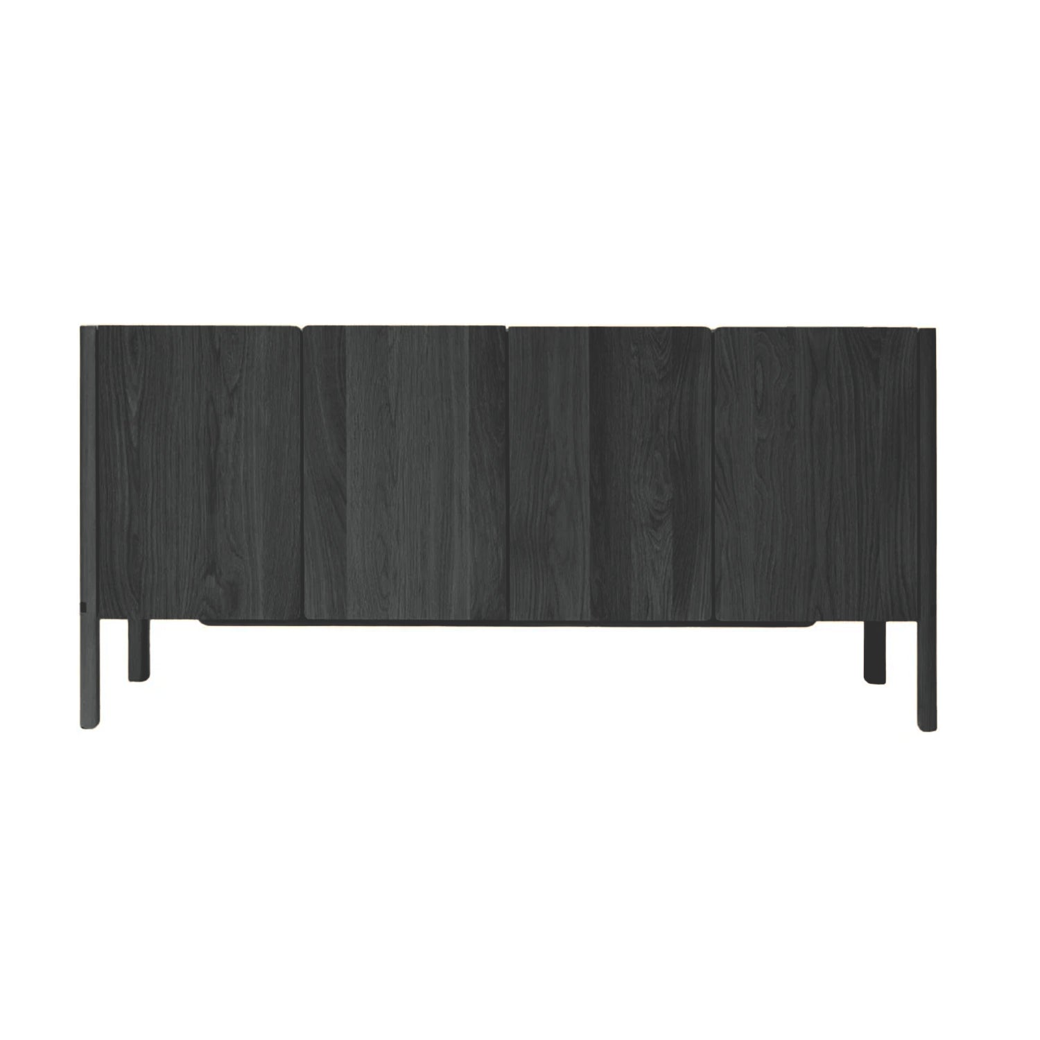 The Nell Sideboard | Black Oak by Wooden Stories features a modern Scandinavian design with four vertical doors and short legs, crafted from black oak for a sleek, minimalist look.