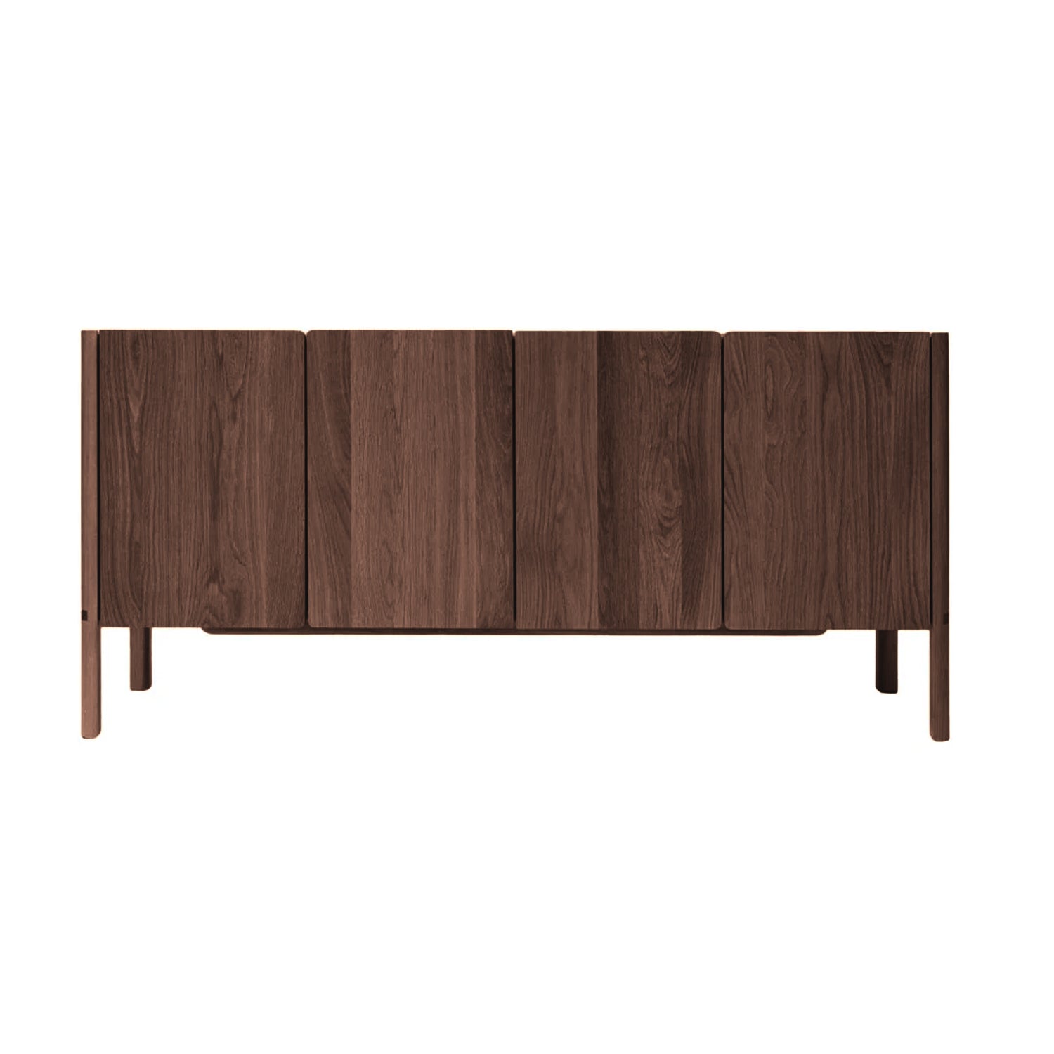 The Nell Sideboard | Espresso Oak by Wooden Stories features four vertical cabinet doors, a smooth espresso oak finish, and clean lines. Made from solid oak, it stands on four short legs for a sleek, minimalist Scandinavian look.