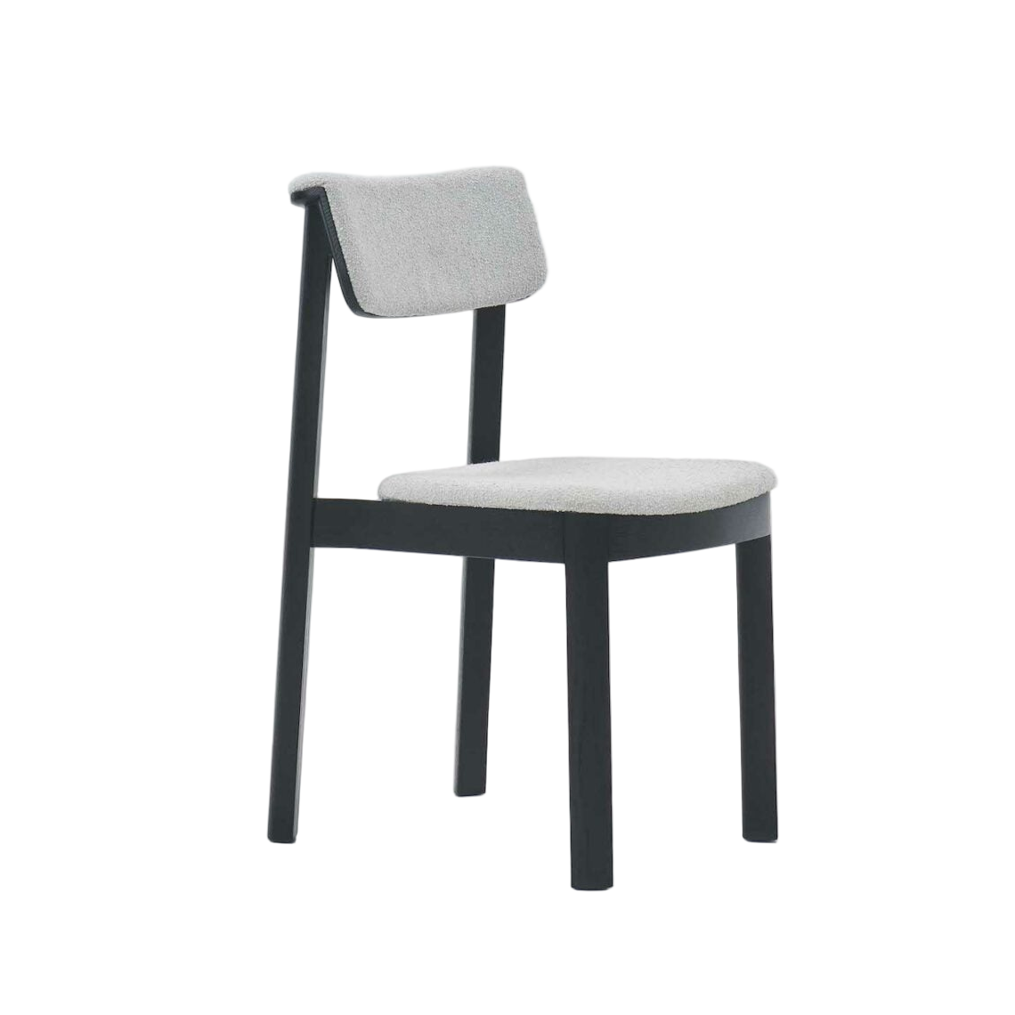 The Wooden Stories Noki Dining Chair features a black oak frame with a light gray fabric seat and backrest, designed in contract-grade quality and shown against a white background.