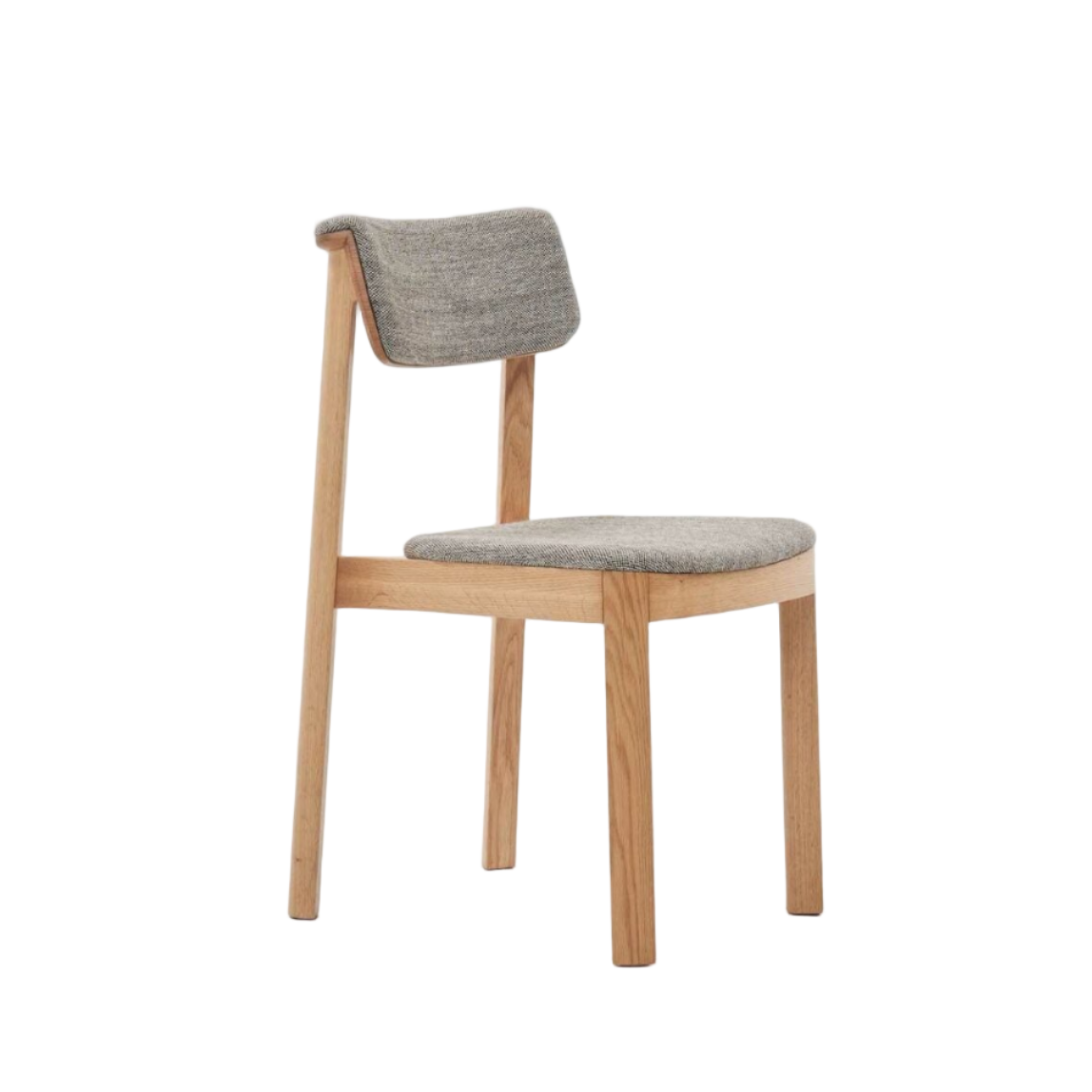 The Noki Dining Chair by Wooden Stories features solid light oak, four legs, a curved backrest, and a light gray fabric seat. Its modern, contract-grade design suits both homes and commercial spaces. Pictured against a white background.