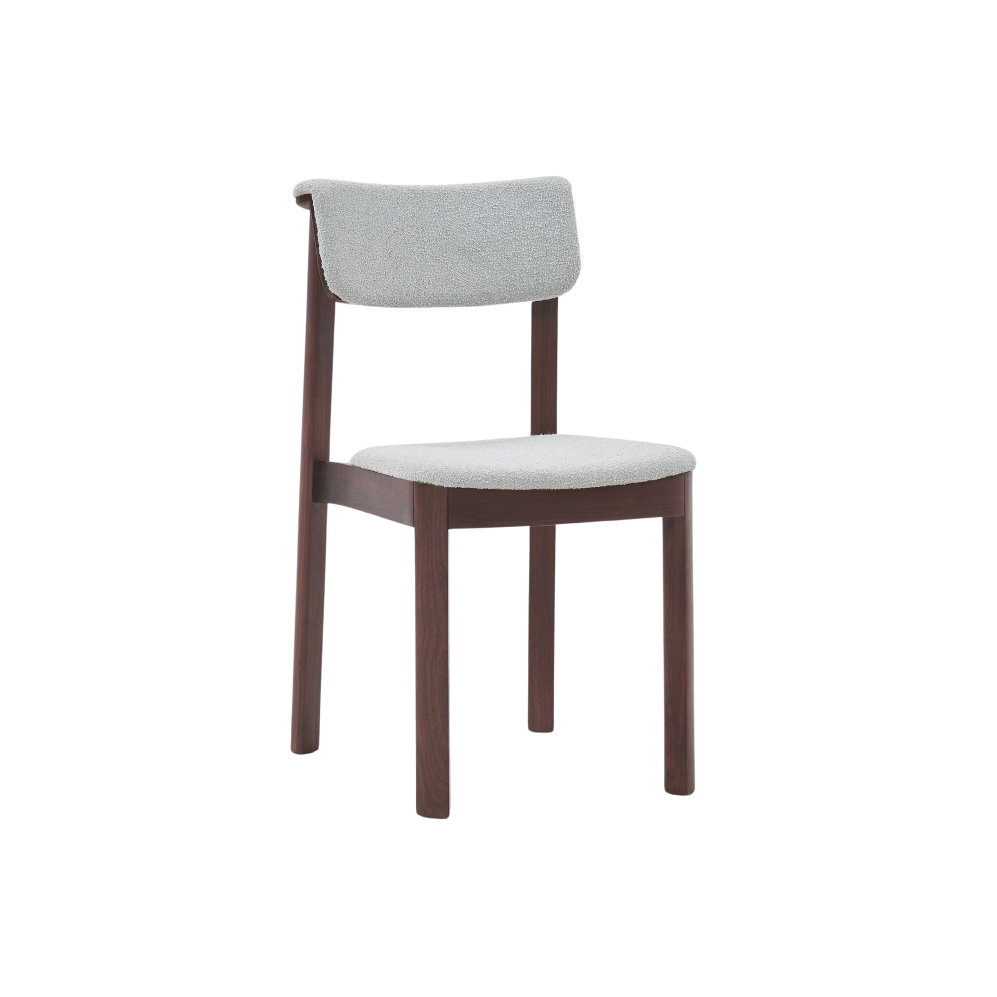 The Wooden Stories Noki Dining Chair in Espresso Oak features a dark wooden frame and a light grey fabric seat and backrest, showcasing Japanese-inspired elegance against a plain white background.