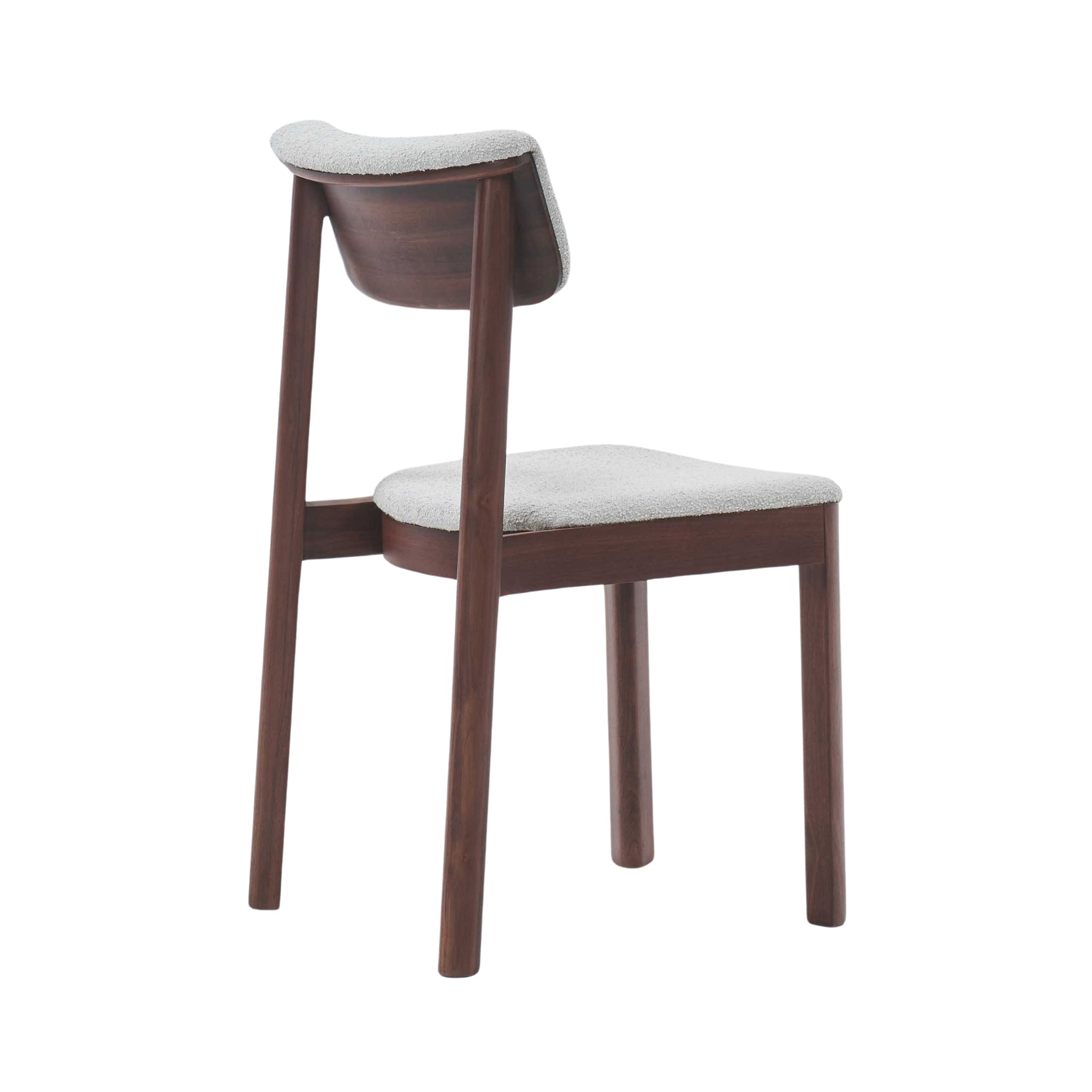 The Noki Dining Chair – Espresso Oak – Fabric by Wooden Stories features a dark brown frame and light gray cushioned seat and backrest, with minimalist Japanese design by Ryota Yokozeki, shown against a white background.