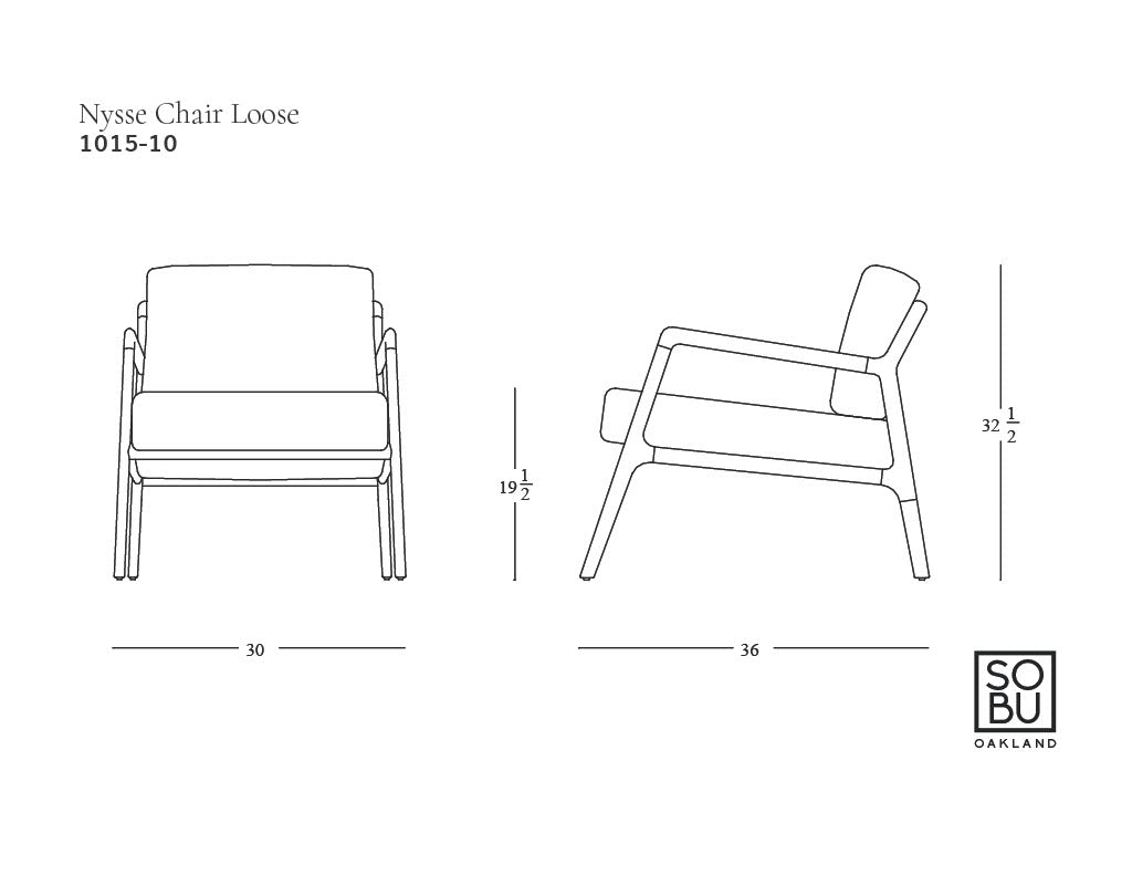 Line drawing of the Nysse Lounge Chair | Fabric by Wooden Stories, a Scandinavian lounge chair, with front and side views, dimensions: 30"W x 36"D x 32.5"H, seat height 19.5". SOBU Oakland logo featured at the lower right corner.