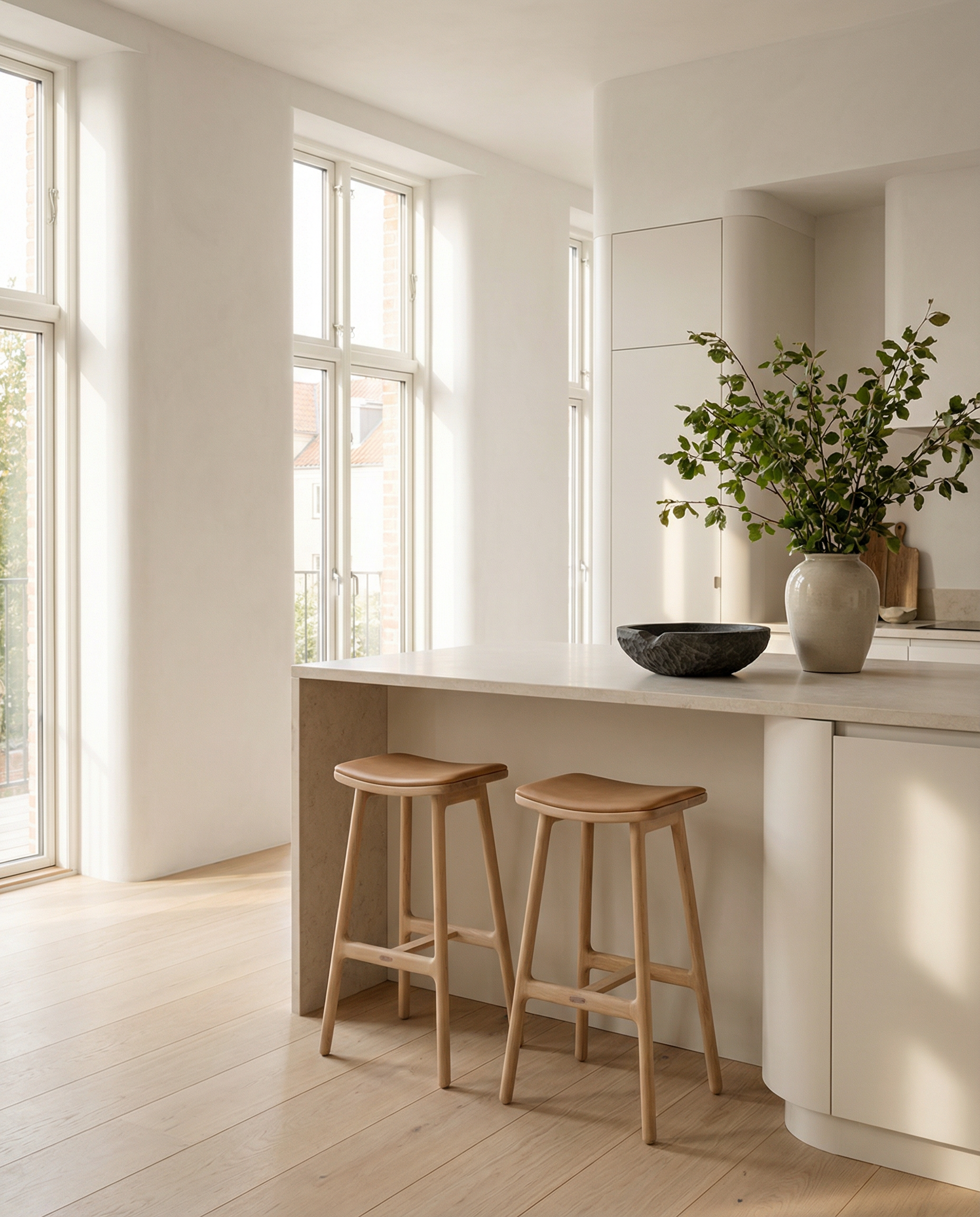 Minimalist kitchen with light wood floors and a white island featuring Danish design. Two stools, including Wooden Stories' Odd Counter Stool in Light Oak with Leather Seat, pair with a vase of green branches and black bowl for a bright, airy look.