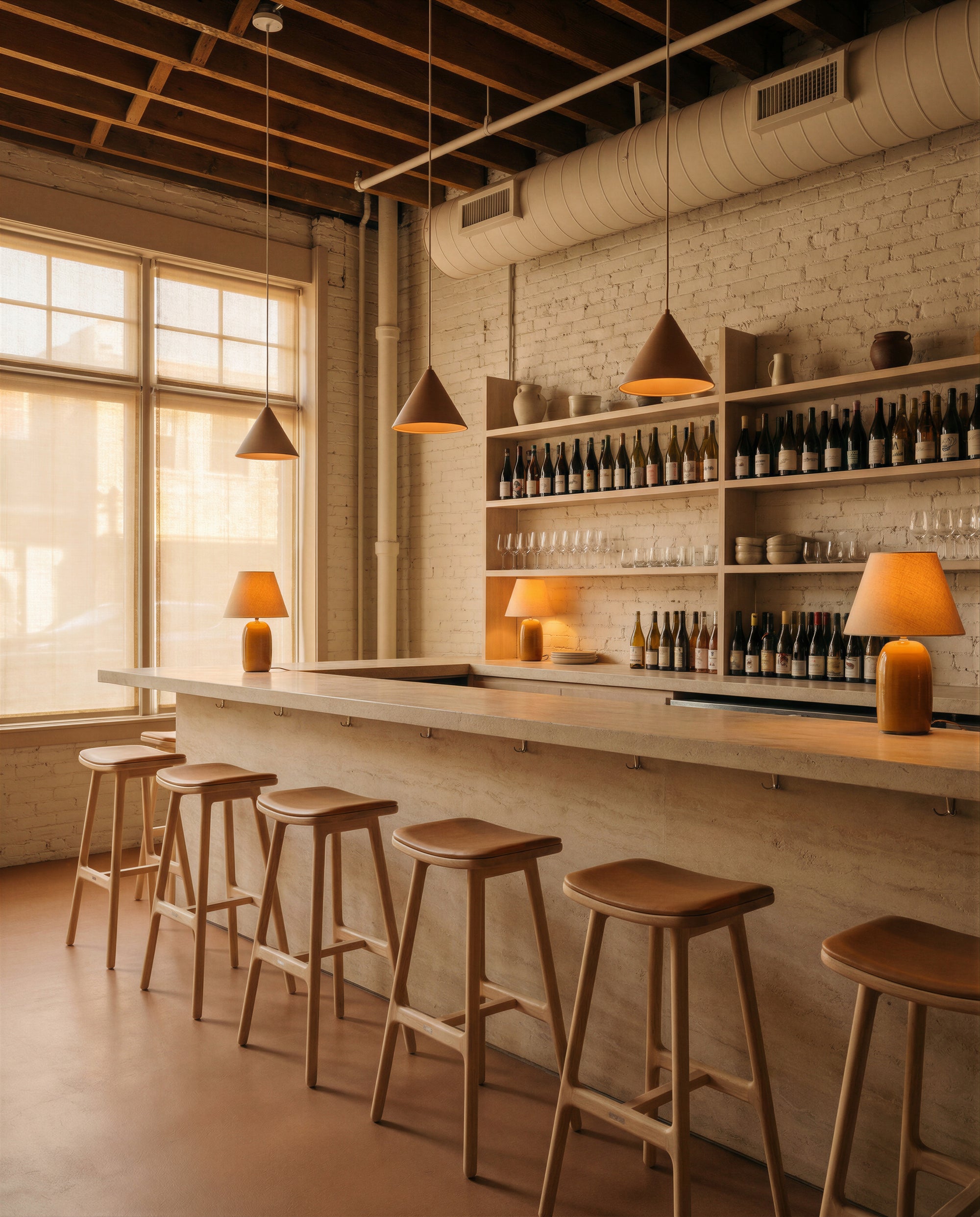 A minimalist bar with Danish design, a light wooden counter, six Wooden Stories Odd Counter Stools in light oak with leather seats, pendant lights, bottle-lined shelves, exposed brick walls, large windows, and warm ambient lighting.