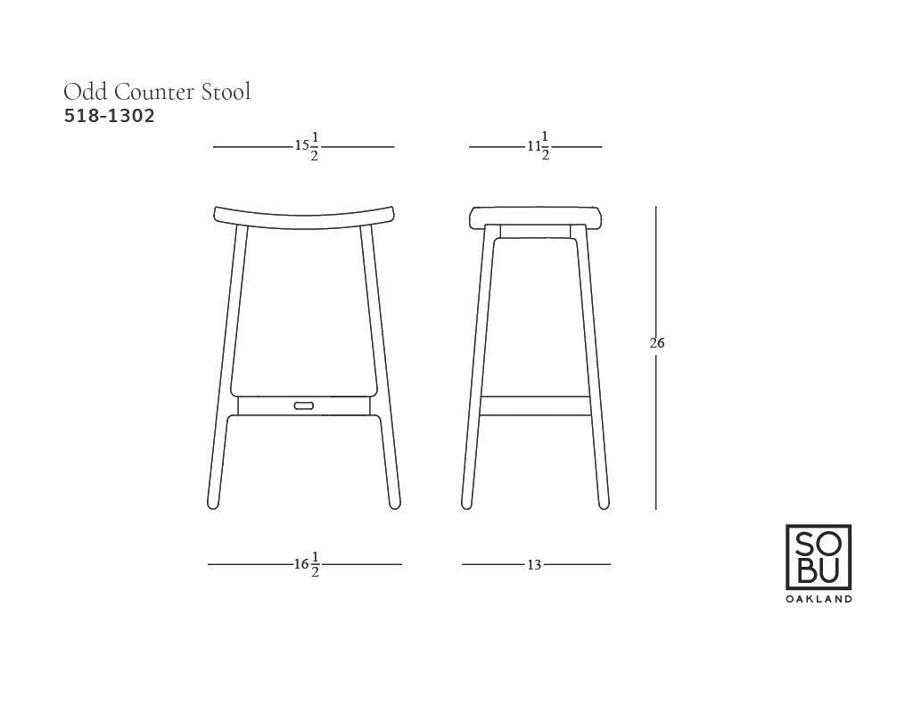 Line drawing of the Odd Counter Stool | Light Oak with Leather Seat by Wooden Stories, featuring annotated dimensions (26" height plus width and depth), front and side views, and a SOBO Oakland logo—highlighting its Danish design influence.