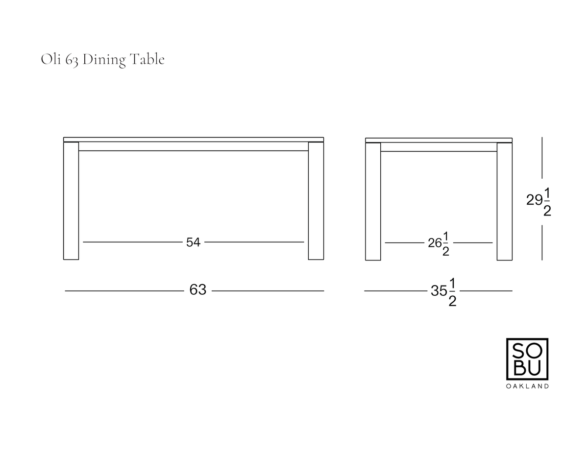 Technical drawing showing the front and side profile dimensions of the solid American oak Oli Dining Table from the Danish collection.