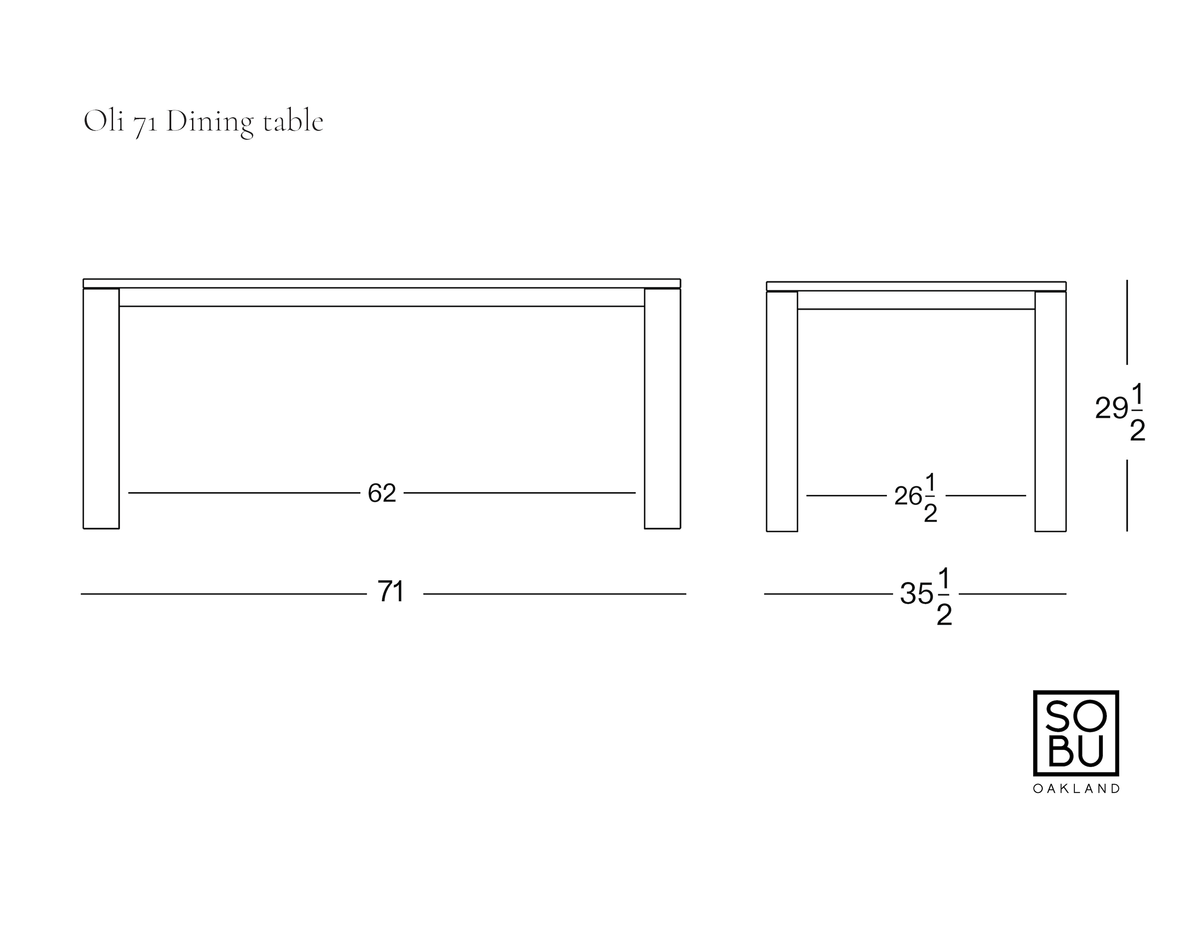 Line drawing of the rectangular Oli Dining Table by Wooden Stories, shown from the front and side with dimensions labeled in inches.