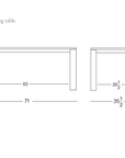 Line drawing of the rectangular Oli Dining Table by Wooden Stories, shown from the front and side with dimensions labeled in inches.