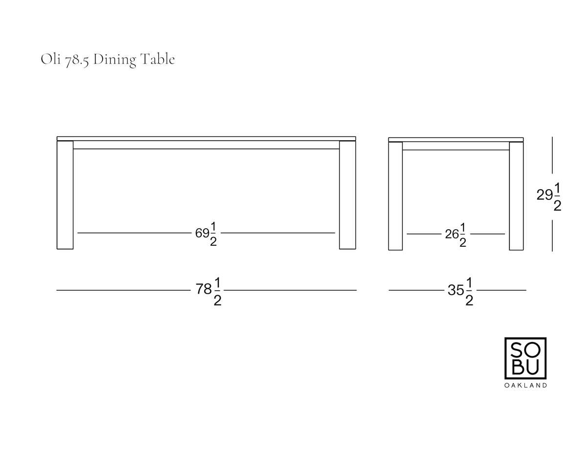 Line drawing of the Oli Dining Table by Wooden Stories, showing rectangular front and side views with dimensions labeled in inches.
