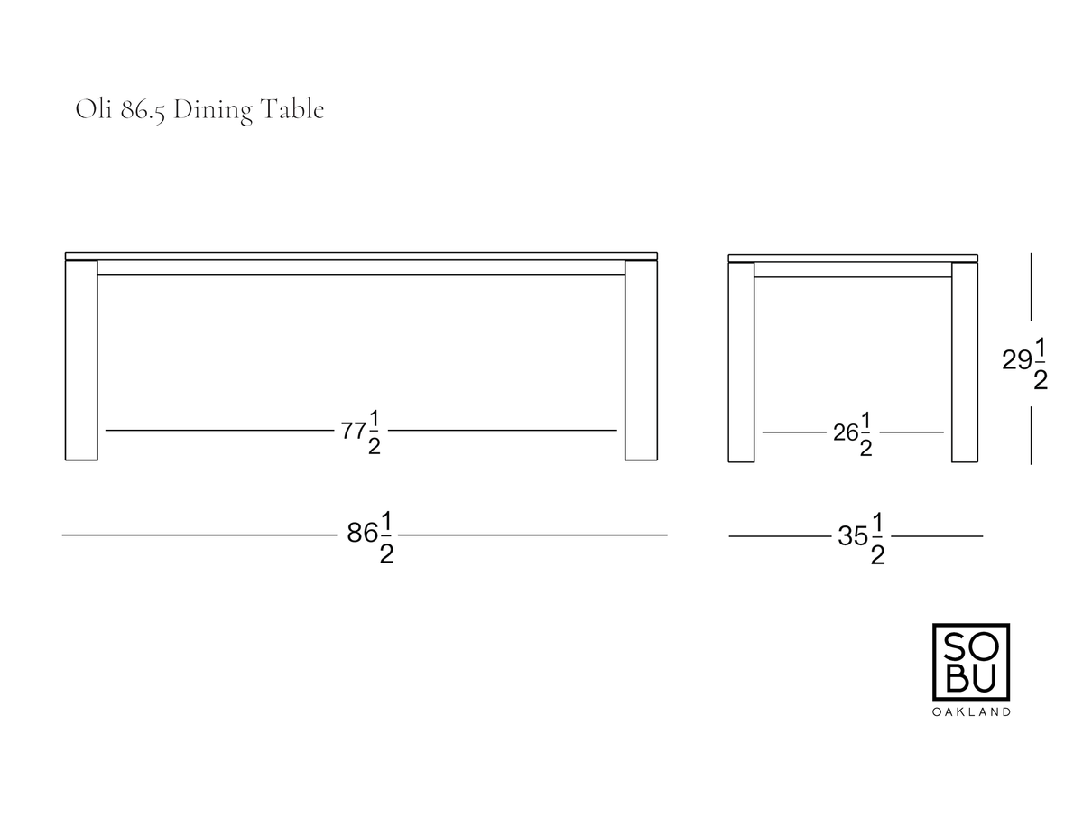 Technical drawing of the Oli Dining Table by Wooden Stories, a contract grade solid American oak table shown in front and side views with dimensions of 86.5 inches long, 35.5 inches wide, and 29.5 inches high.