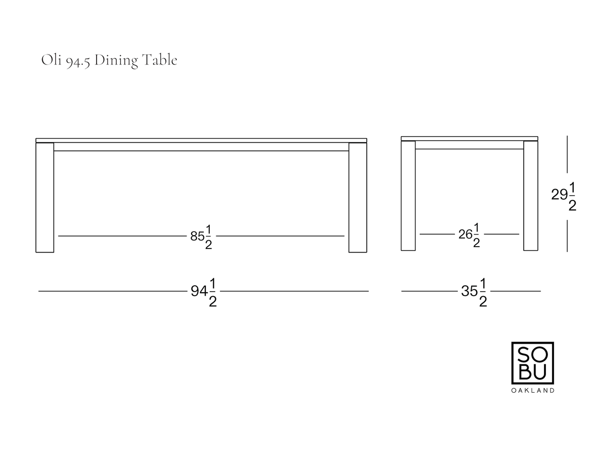 Line drawing of an Oli Dining Table made of solid American oak, showing front and side views with dimensions labeled in inches.