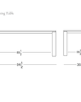 Line drawing of an Oli Dining Table made of solid American oak, showing front and side views with dimensions labeled in inches.
