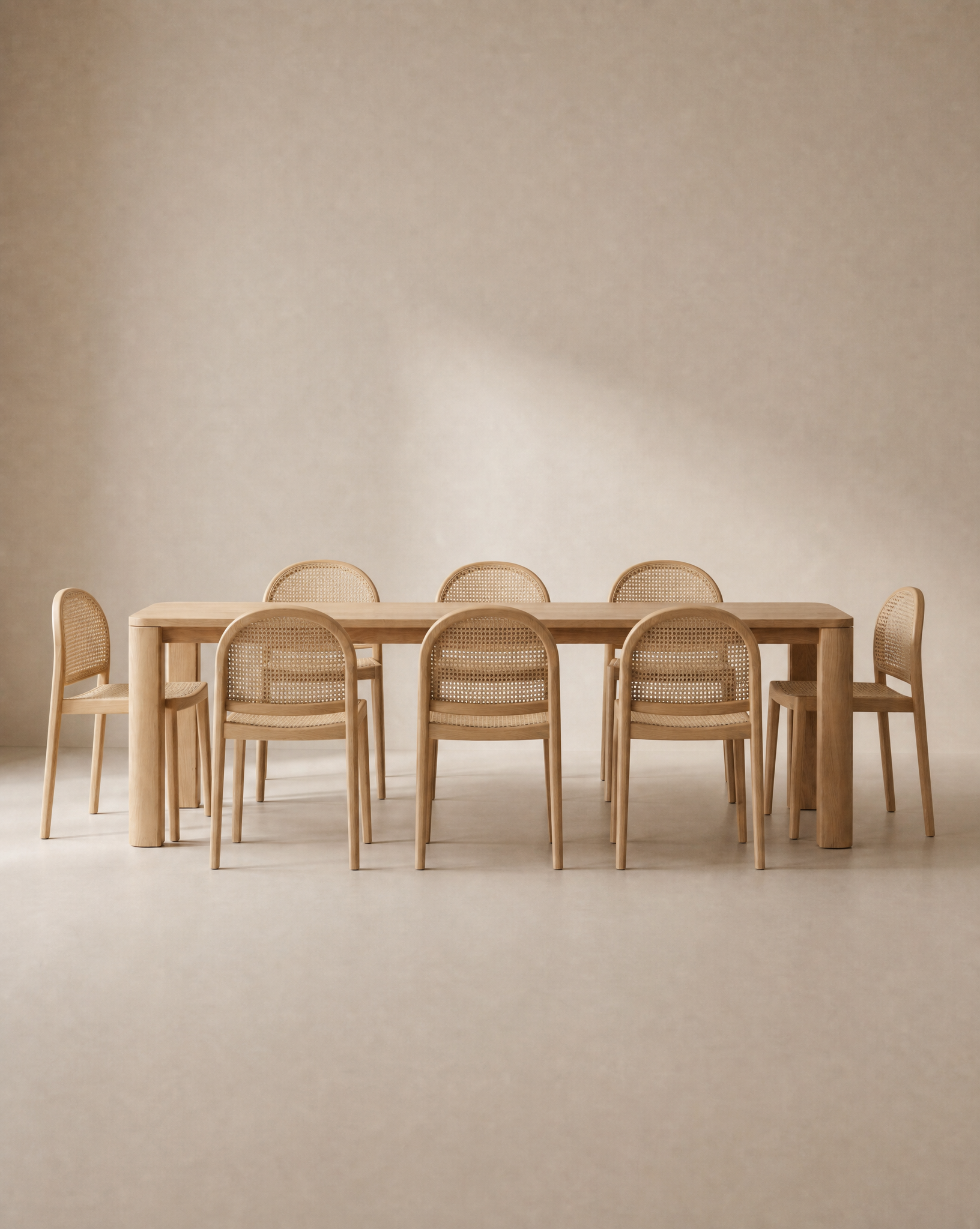 A minimalist dining room showcases the Wooden Stories Oli Dining Table in solid American oak with rounded edges, paired with eight matching wooden chairs featuring woven cane backs, set against a neutral beige background.