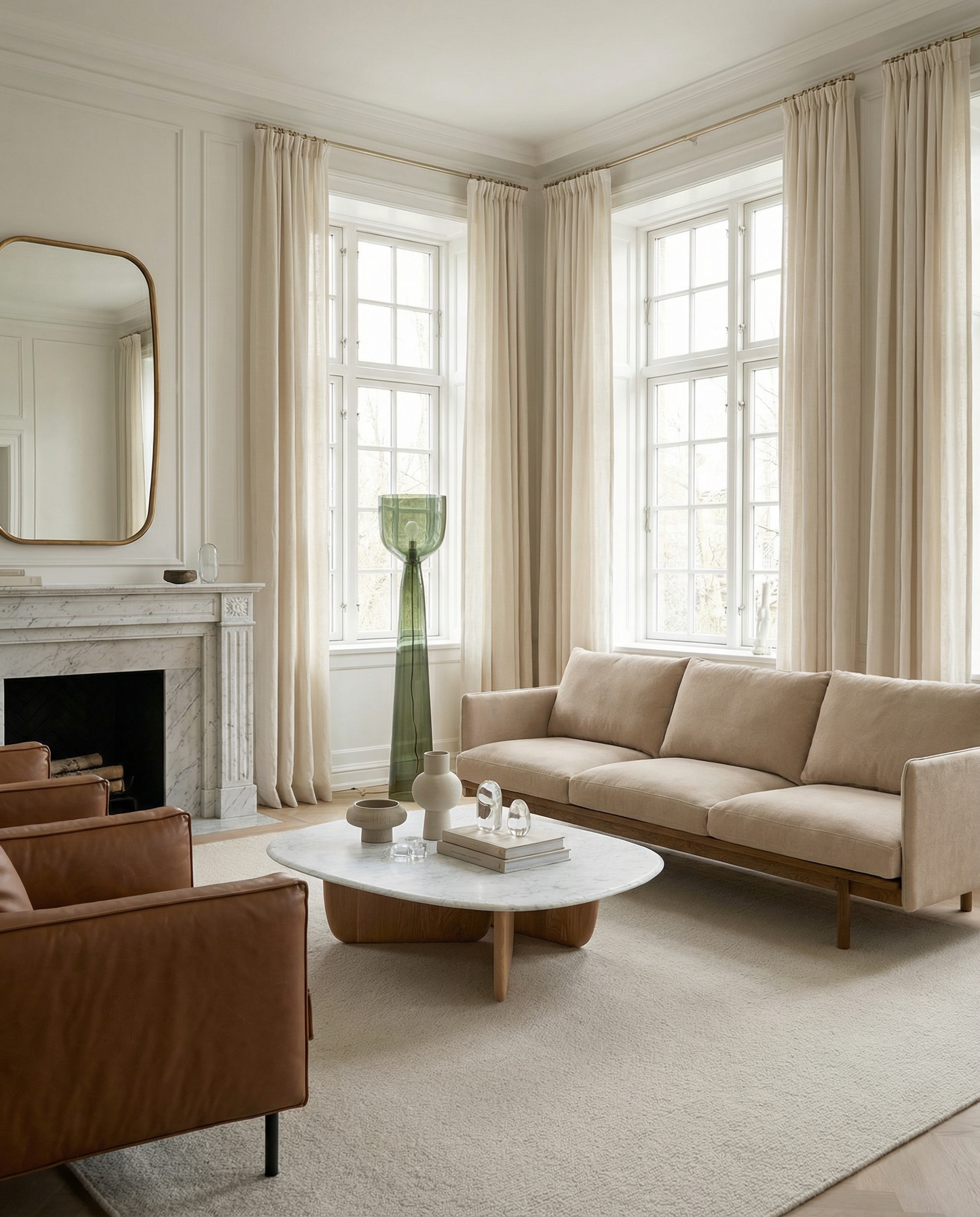 A bright, elegant living room with large windows, cream curtains, a beige sofa, brown leather chairs, a marble fireplace, and the Eden Coffee Table | Stone Top by Wooden Stories. Minimalist decor reflects Scandinavian simplicity in this airy space.
