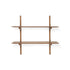The Ethnicraft PI Wall Shelf - Mahogany (2 shelf) features two horizontal shelves supported by vertical wooden brackets, crafted from solid mahogany and shown against a plain white background.