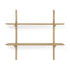 The Ethnicraft PI Wall Shelf - Oak (2 shelf) is a minimalist solid oak wall shelf with two horizontal shelves, vertical supports, and smooth rounded edges, showcasing a sleek modern design.
