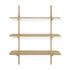 The PI Wall Shelf - Oak (3 shelf) by Ethnicraft features three rounded oak shelves supported by two vertical rods, all set against a white background. Its natural wood finish showcases minimalist elegance.