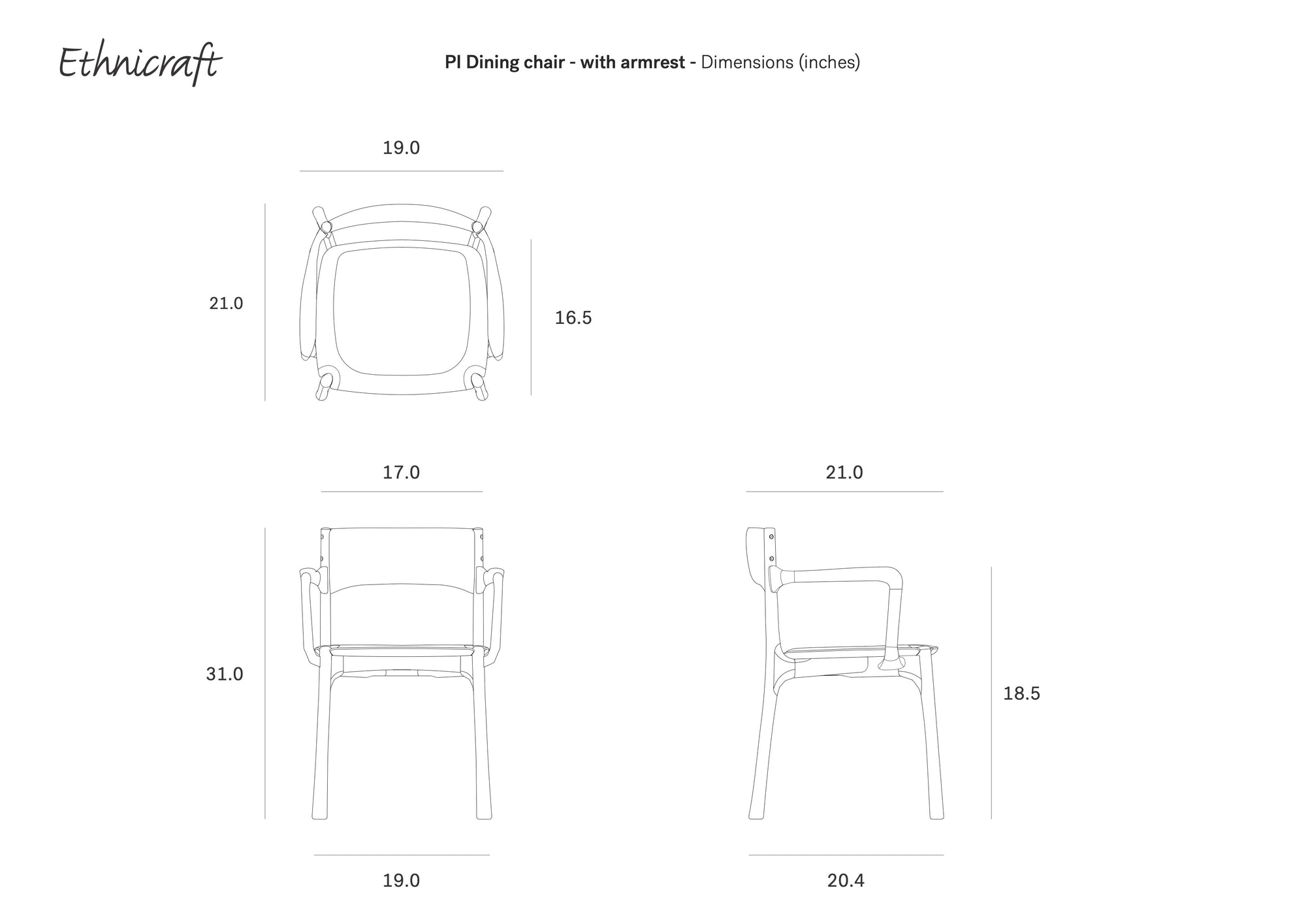 Line drawings of the Ethnicraft PI Dining Chair - Teak Dark Brown with arms, showing top, front, and side views with detailed dimensions in inches for each angle.