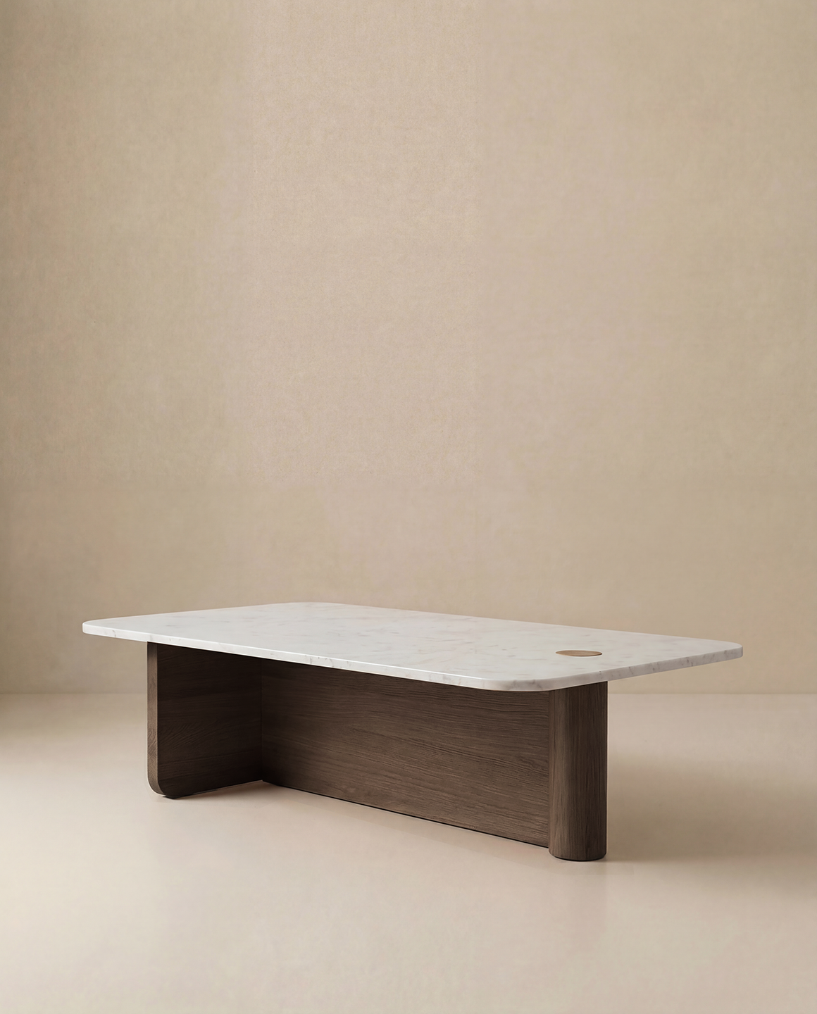 The Pivot Coffee Table | Rectangular - Wood & Stone by Wooden Stories features a white marble top, solid oak base, clean lines, and a unique corner cut-out—all set against a plain beige background.