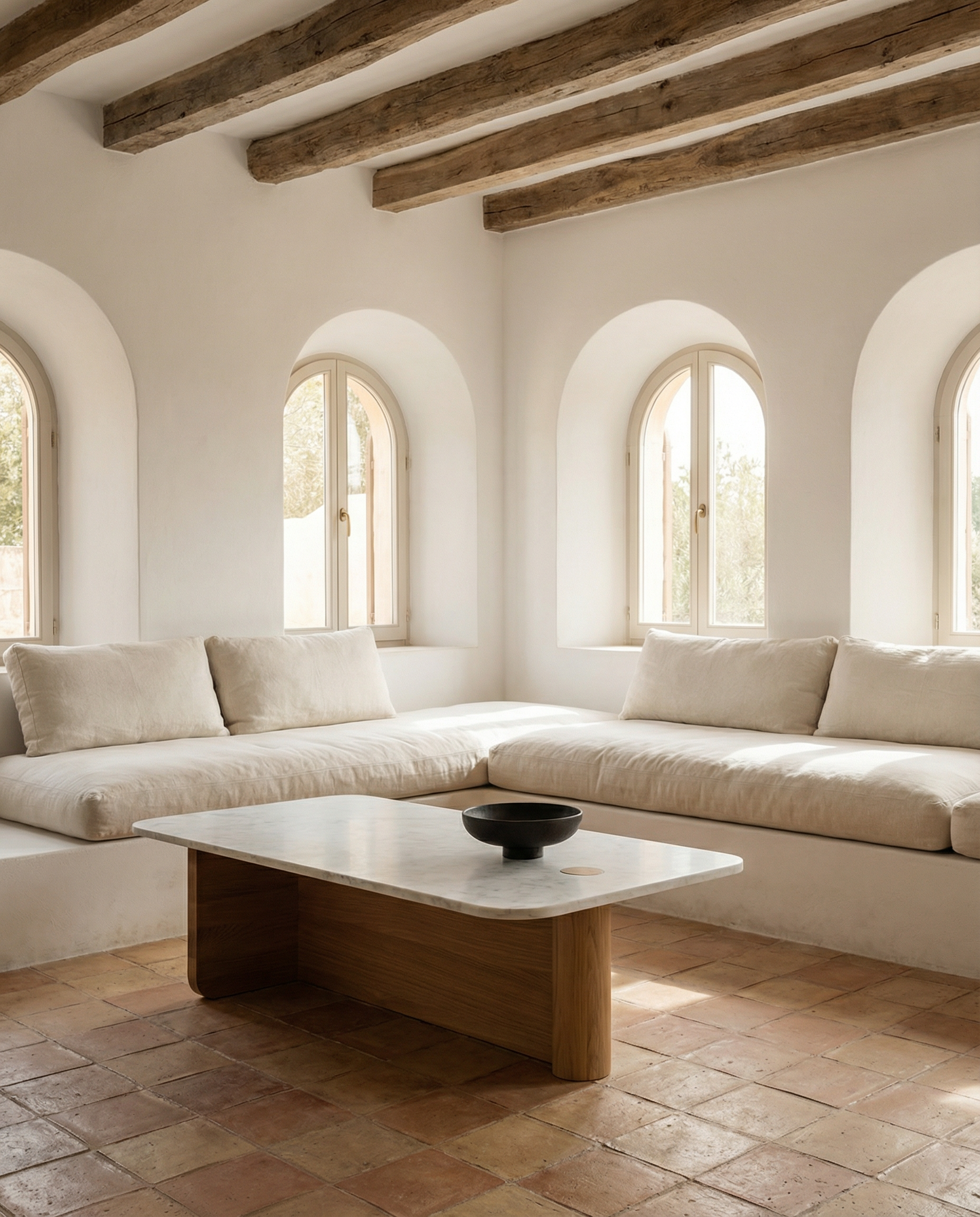 Minimalist living room with white built-in sofas, arched windows, wooden beams, solid oak accents, terracotta tile floor, and a Wooden Stories Pivot Coffee Table (Rectangular - Stone & Wood) topped with a black bowl. Sunlight softly fills the space.