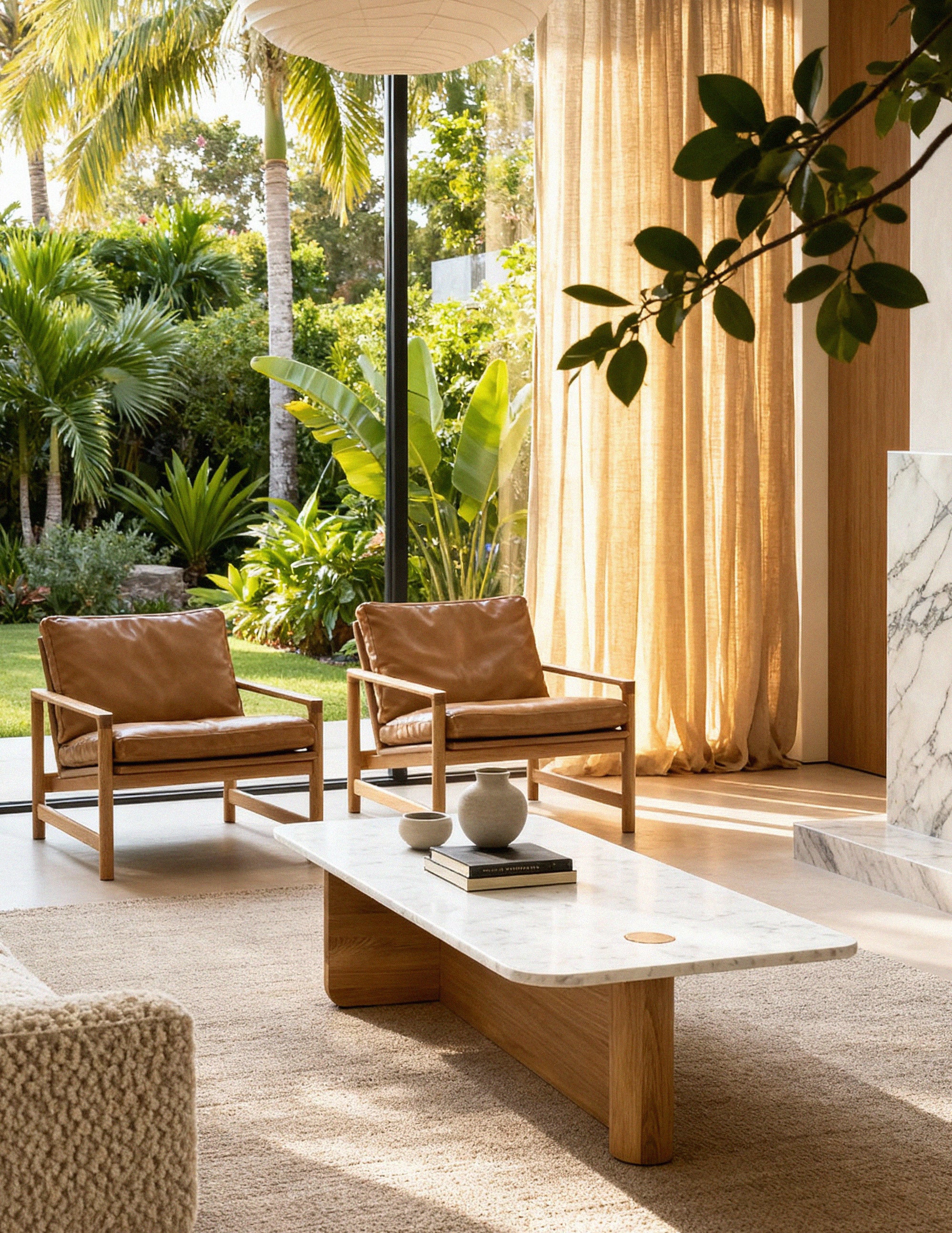 A sunlit living room with two tan leather chairs, neutral decor, and large windows overlooking a lush garden. Light curtains and the chic Pivot Coffee Table | Rectangular - Stone & Wood by Wooden Stories anchor this modern space.