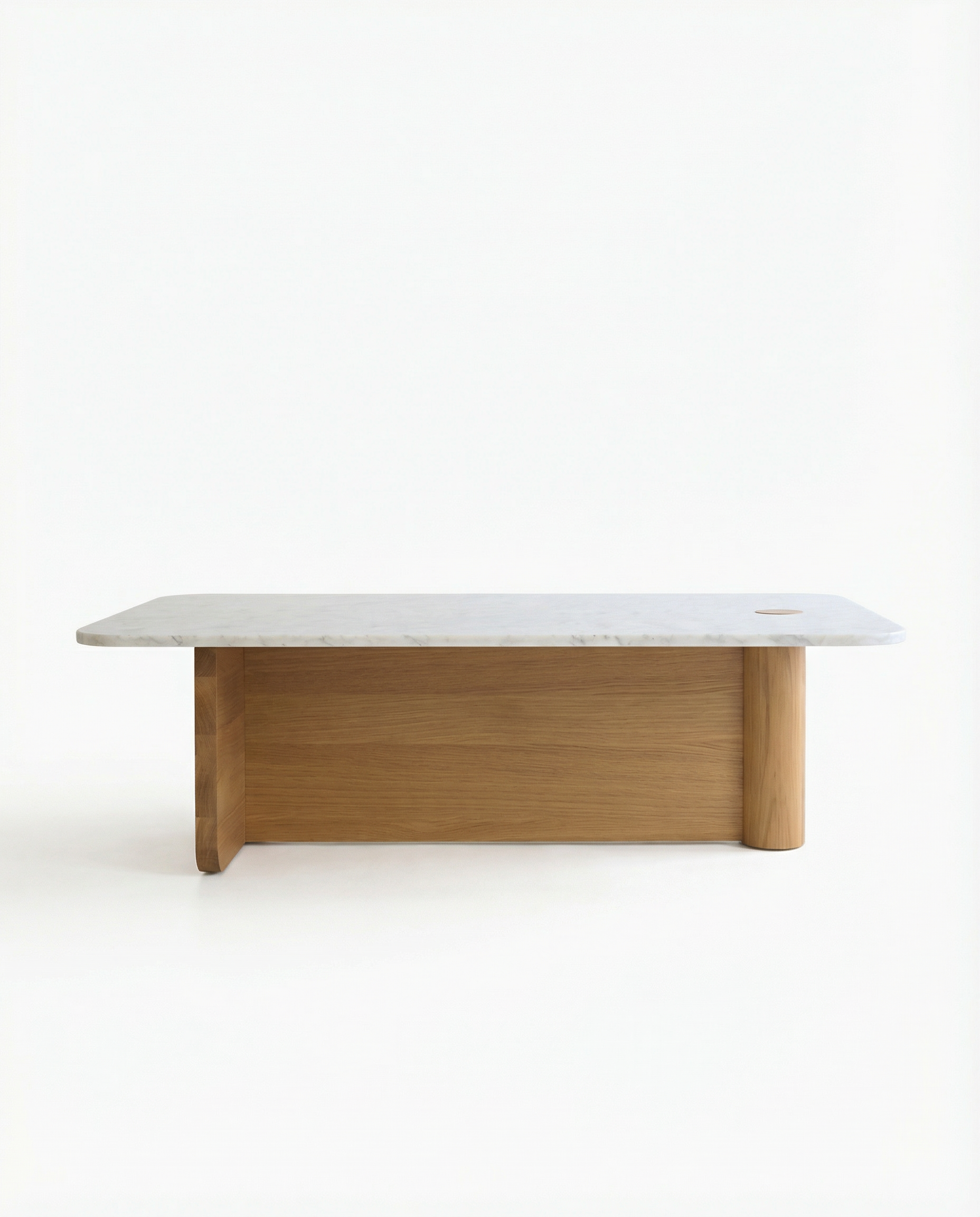 The Pivot Coffee Table | Rectangular - Stone & Wood by Wooden Stories features a white marble top and solid oak light wood base, shown against a plain white background.