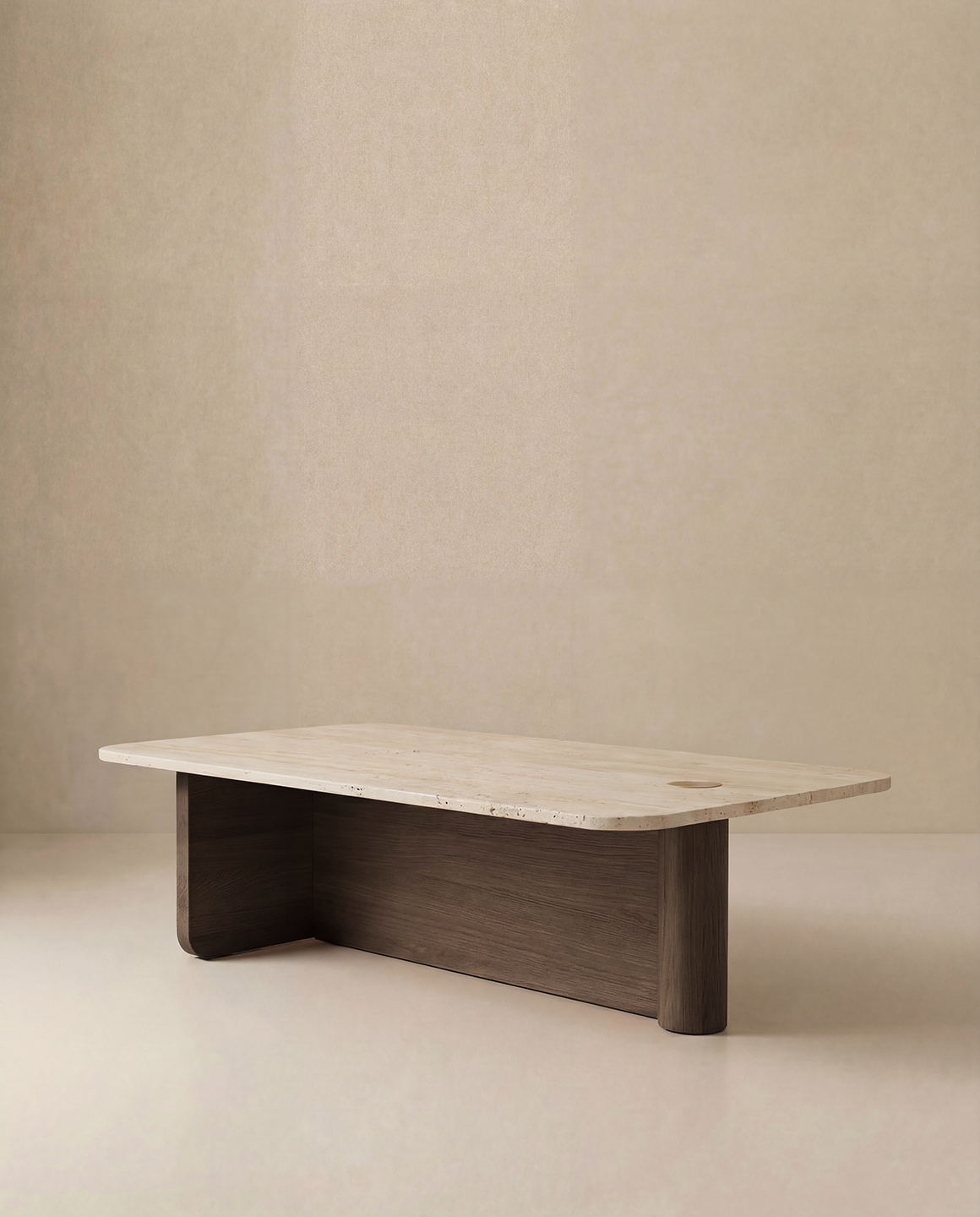 The Pivot Coffee Table | Rectangular - Wood &amp; Stone by Wooden Stories features a light stone top and solid oak base, inspired by the Danish Collection, showcased against a neutral beige background.