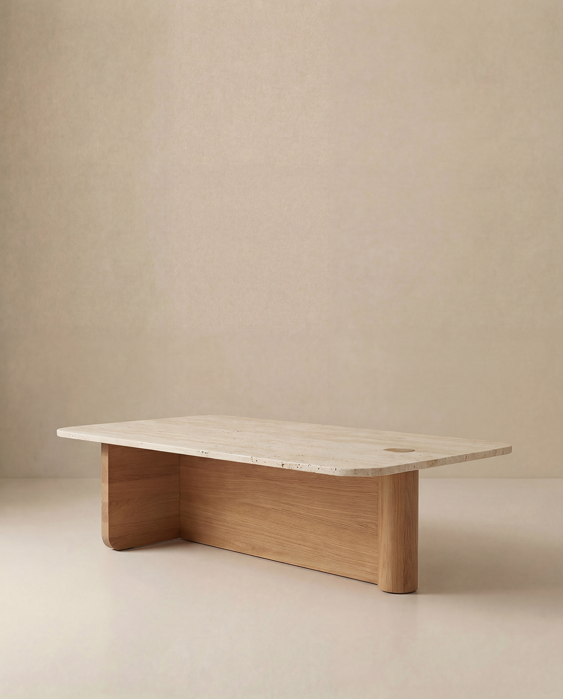 The Wooden Stories Pivot Coffee Table | Rectangular - Wood &amp; Stone showcases a minimalist design with a light solid oak top and two asymmetrical legs, set against a neutral beige background.