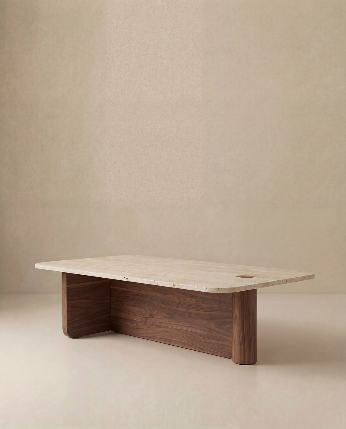 The Pivot Coffee Table | Rectangular - Wood &amp; Stone by Wooden Stories features a light rectangular top and solid oak base, set against a neutral beige background, drawing inspiration from the Danish Collection.