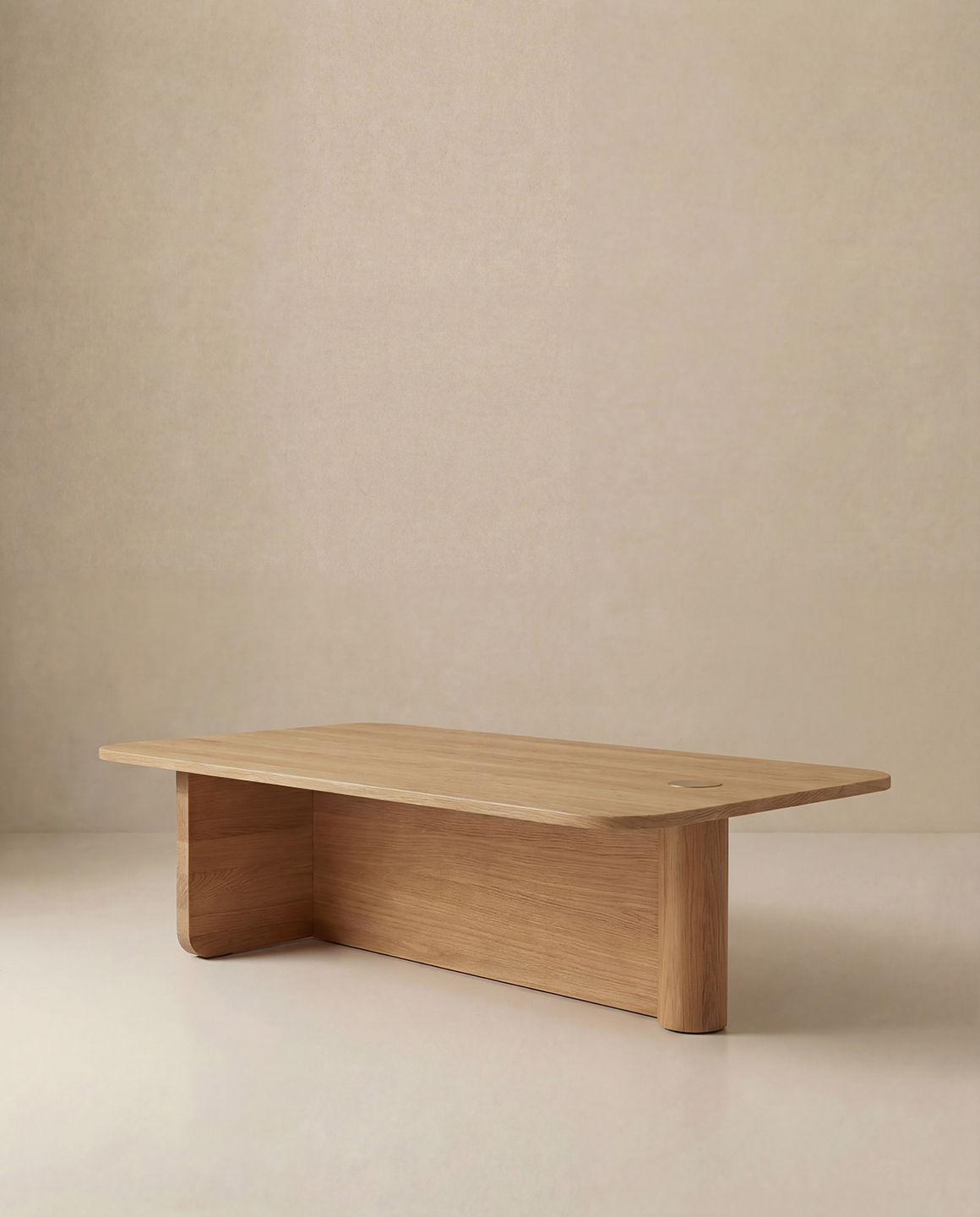 The Wooden Stories Pivot Coffee Table | Rectangular features a minimalist solid oak build with smooth edges, two sturdy legs with rounded corners, and a natural wood finish. Shown against a beige background, it's part of the Danish Collection.