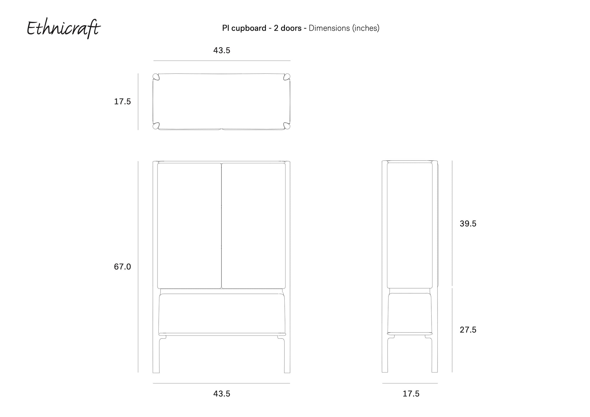 Line drawing of the Ethnicraft PI Cupboard - Oak with 2 doors, shown from front, side, and top. Dimensions: 67”H x 43.5”W x 17.5”D; legs: 27.5”H, cupboard body: 39.5”H; highlights handcrafted storage design.