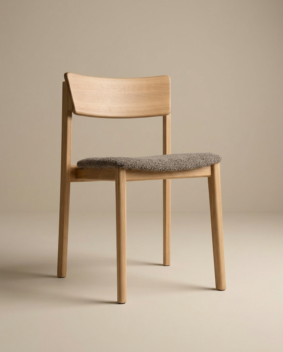 The Poise Dining Chair | Light Oak with Fabric by Wooden Stories features a light brown oak frame, curved backrest, and gray cushioned seat—perfect for contract grade spaces, shown against a plain beige background.