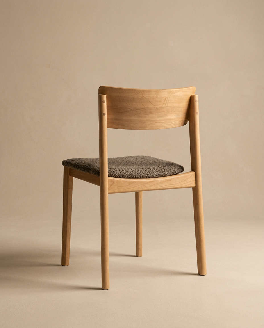 The Poise Dining Chair by Wooden Stories, in light oak with a cushioned gray fabric seat and curved backrest, is shown from behind and at an angle on a beige surface with a matching background.