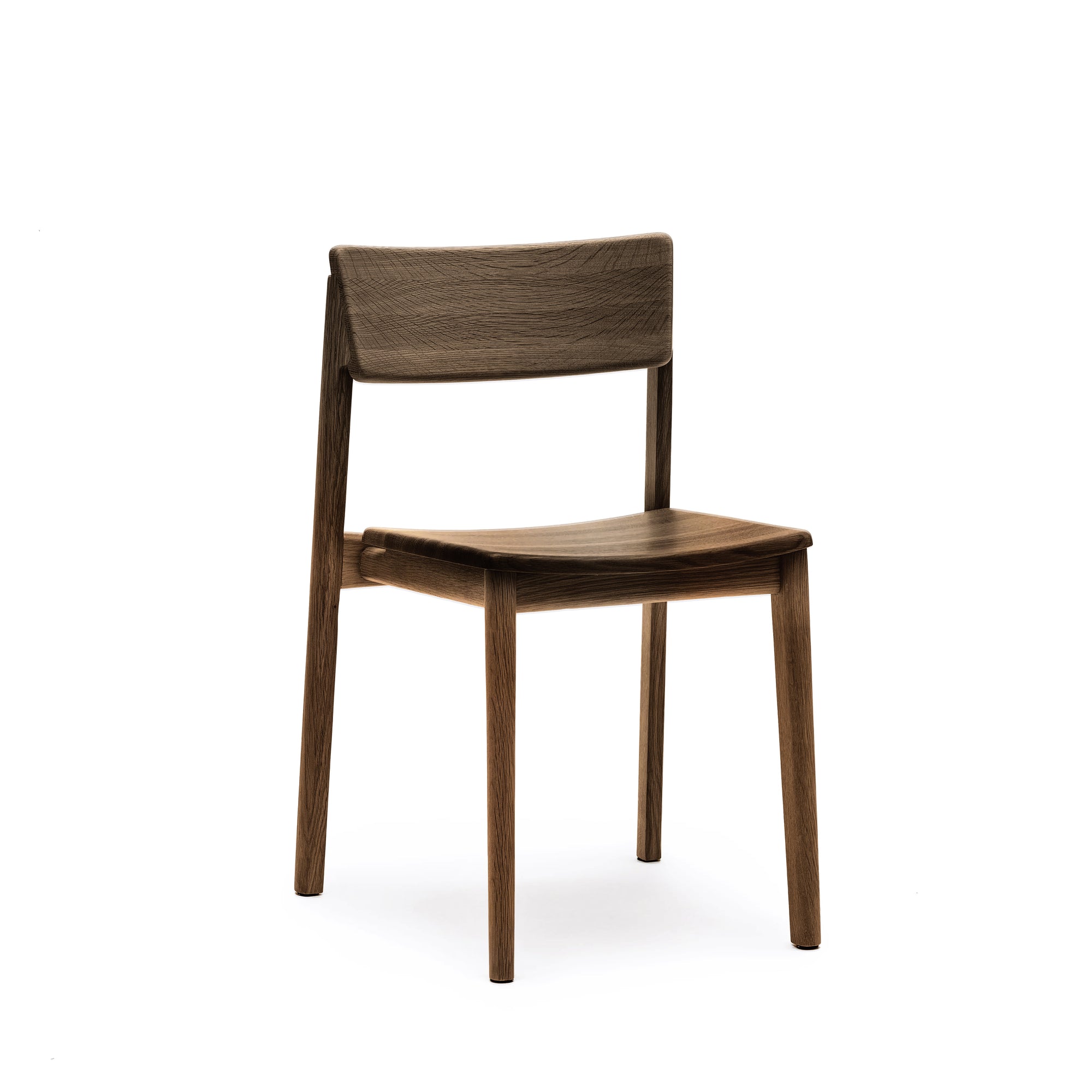 The Poise Dining Chair by Wooden Stories features a minimalist, modern design in espresso oak with a curved backrest and seat, straight legs, and contract-grade quality. Shown here against a plain white background.