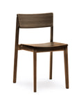 The Poise Dining Chair by Wooden Stories features a minimalist, modern design in espresso oak with a curved backrest and seat, straight legs, and contract-grade quality. Shown here against a plain white background.
