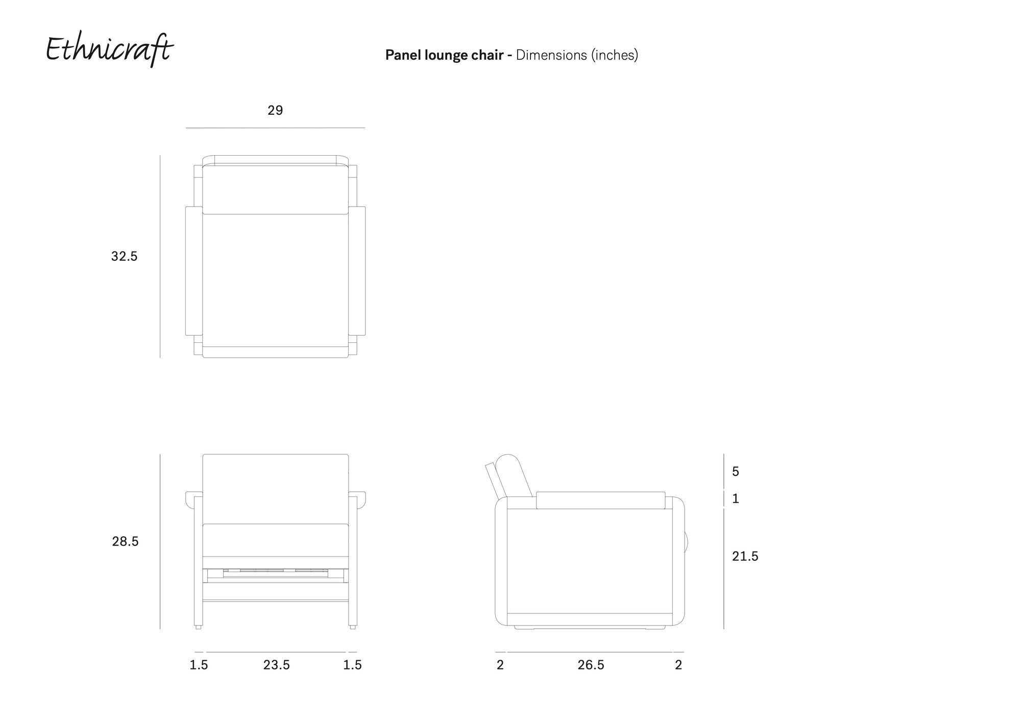 Technical line drawing of the Ethnicraft Panel Lounge Chair - Dark Brown Teak, displaying front, top, and side views with dimensions in inches: width 29, height 32.5, and seat height 17. Features rattan detailing.