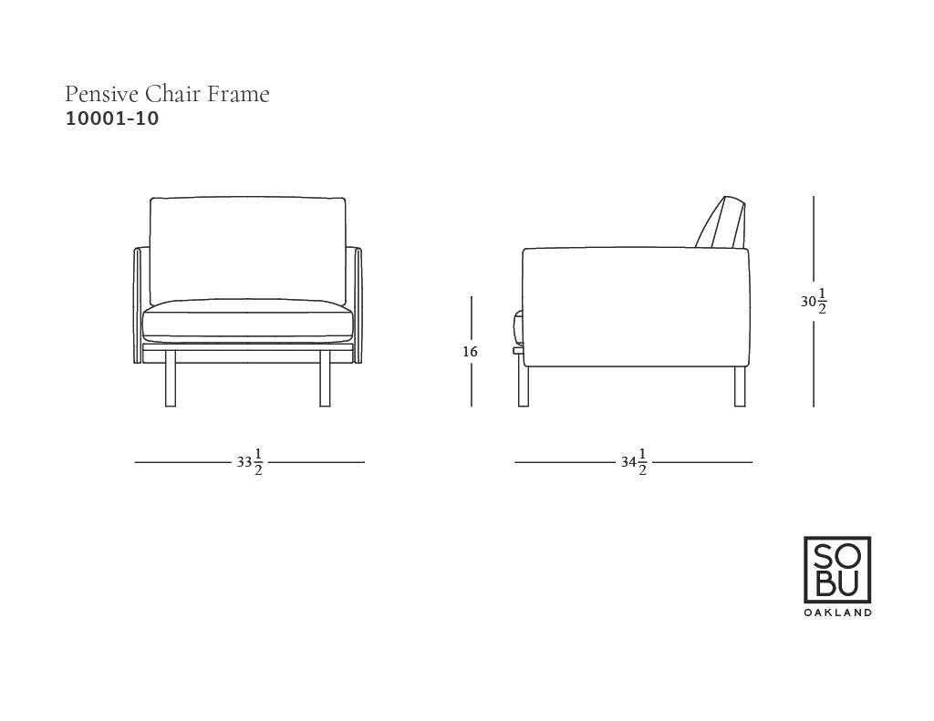 Line drawing of the Pensive Lounge Chair | Leather by Wooden Stories, shown front and side. Dimensions: 33.5"W x 34.5"D x 30.5"H, seat height 16". SOBO Oakland logo at bottom right. Inspired by Danish lines.