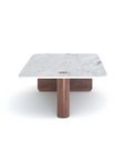 The Pivot Coffee Table | Rectangular - Stone & Wood by Wooden Stories features a white marble top with rounded corners, solid oak cylindrical legs, and a visible wooden base. From the Danish Collection. Set against a plain white background.