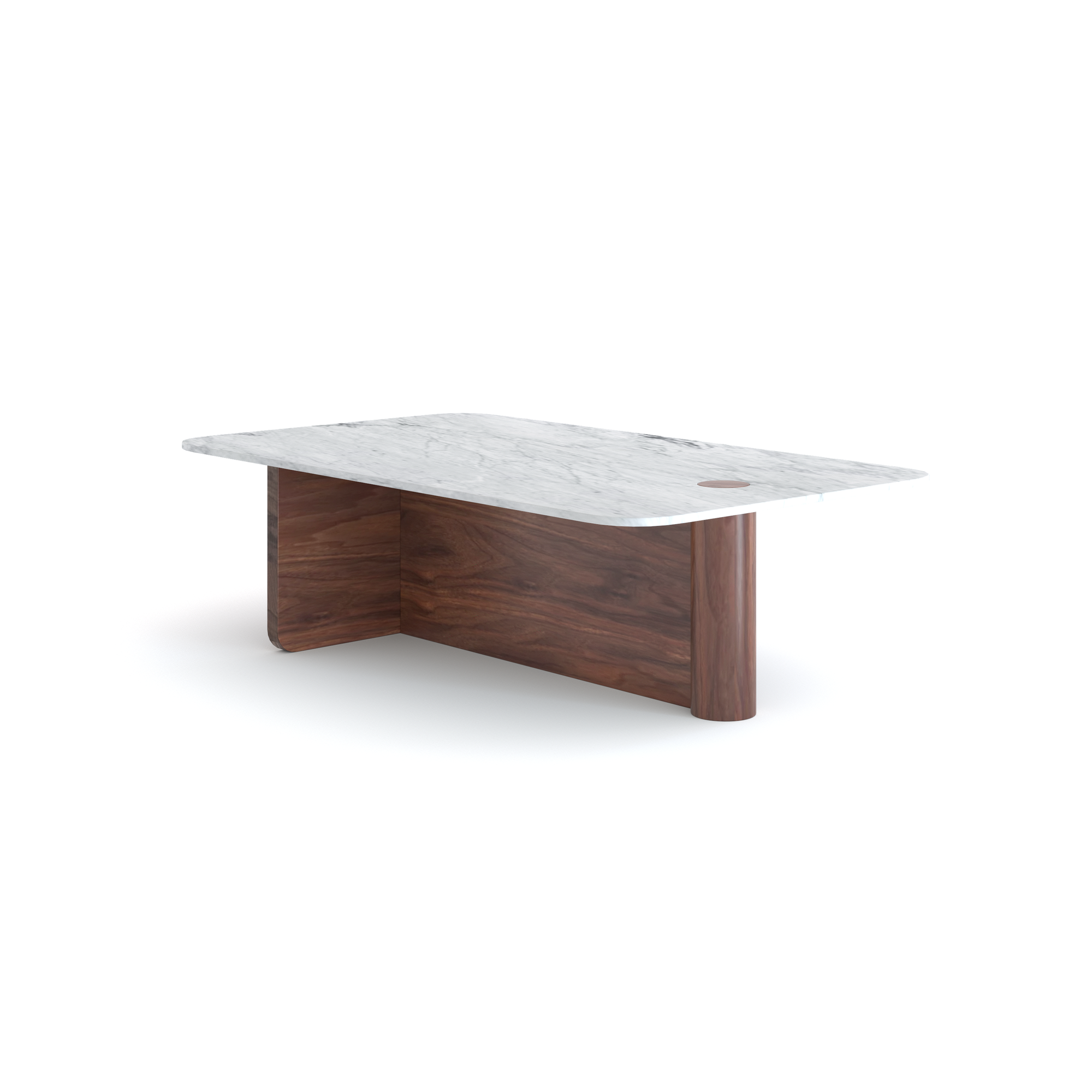 The Pivot Coffee Table | Rectangular - Stone &amp; Wood by Wooden Stories features a white marble top, curved wooden legs, and a small circular cutout, and is part of the stylish Danish Collection.