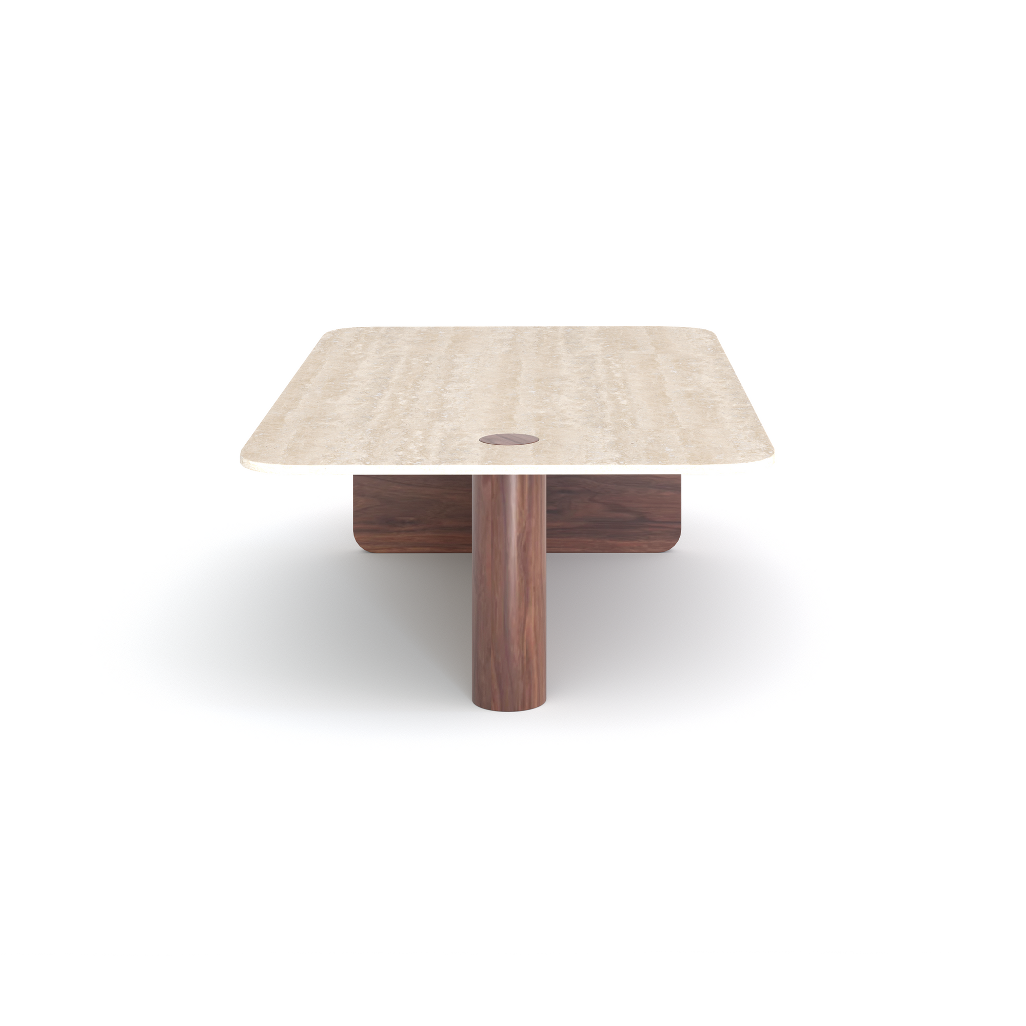 The Pivot Coffee Table | Rectangular - Stone &amp; Wood by Wooden Stories features a light stone-like top, rounded edges, and three cylindrical solid oak legs, shown against a white background.