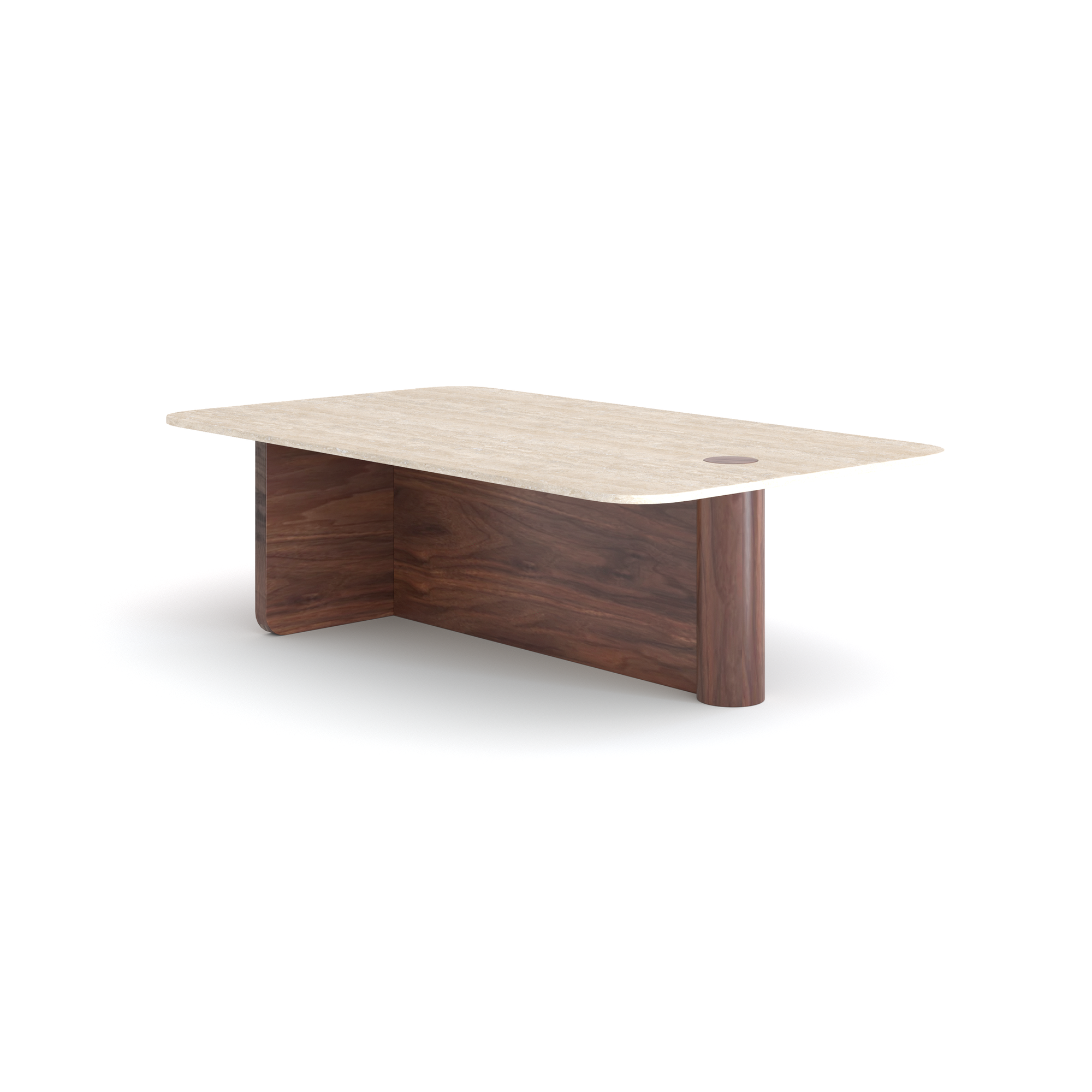 The Pivot Coffee Table | Rectangular - Stone &amp; Wood by Wooden Stories features a modern light wood top with rounded corners, dark wood panel base, and a circular cutout near one corner. The table is shown on a white background.