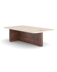 The Pivot Coffee Table | Rectangular - Stone & Wood by Wooden Stories features a modern light wood top with rounded corners, dark wood panel base, and a circular cutout near one corner. The table is shown on a white background.