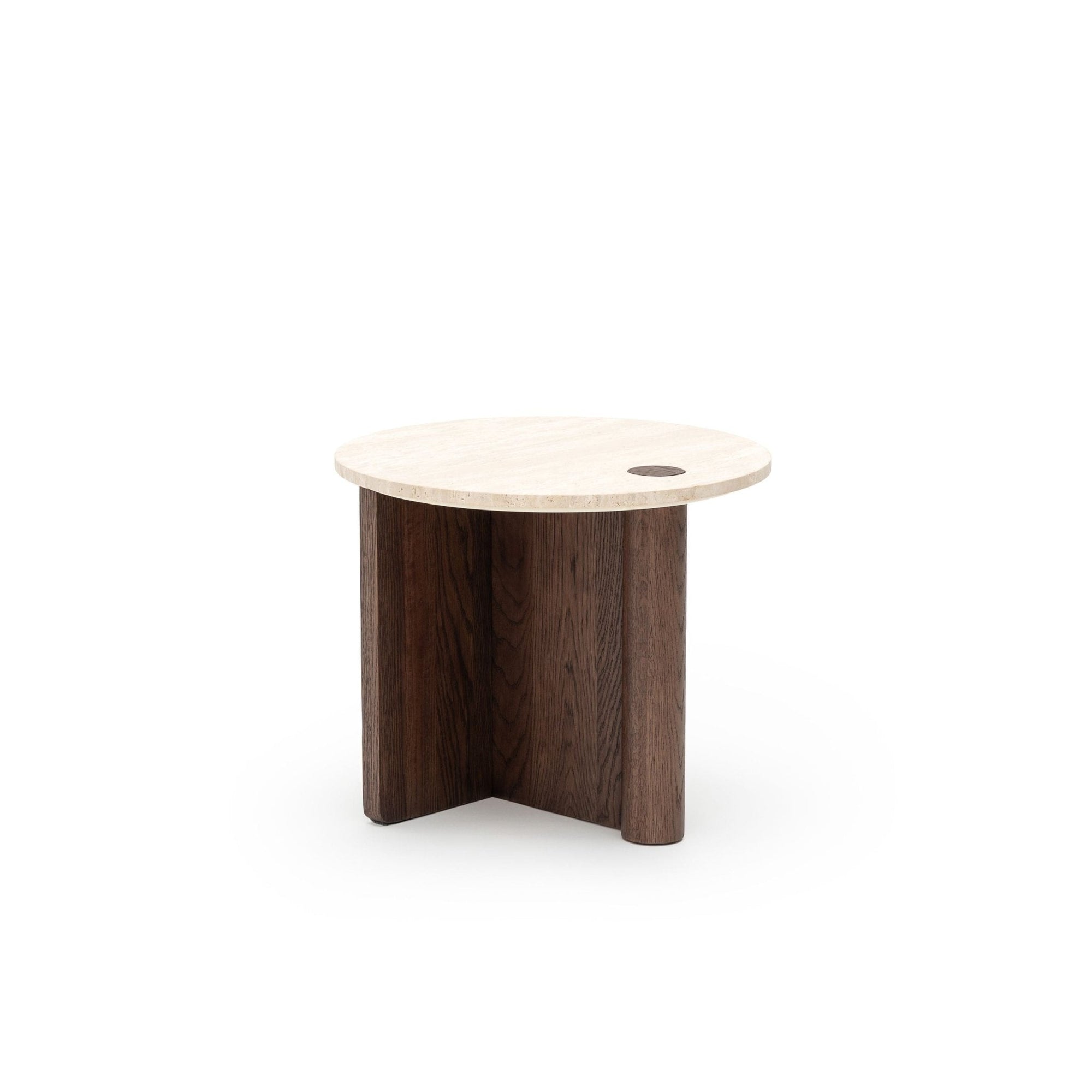The Pivot Side Table | Espresso Oak - Stone Top by Wooden Stories features a honed stone top, a dark espresso oak base, and a small circular cutout, shown against a white background. Suitable for home or contract use.